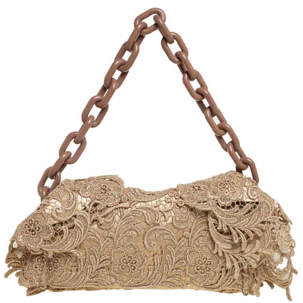Prada Gold Pizzo Lace Chain Flap Shoulder Bag