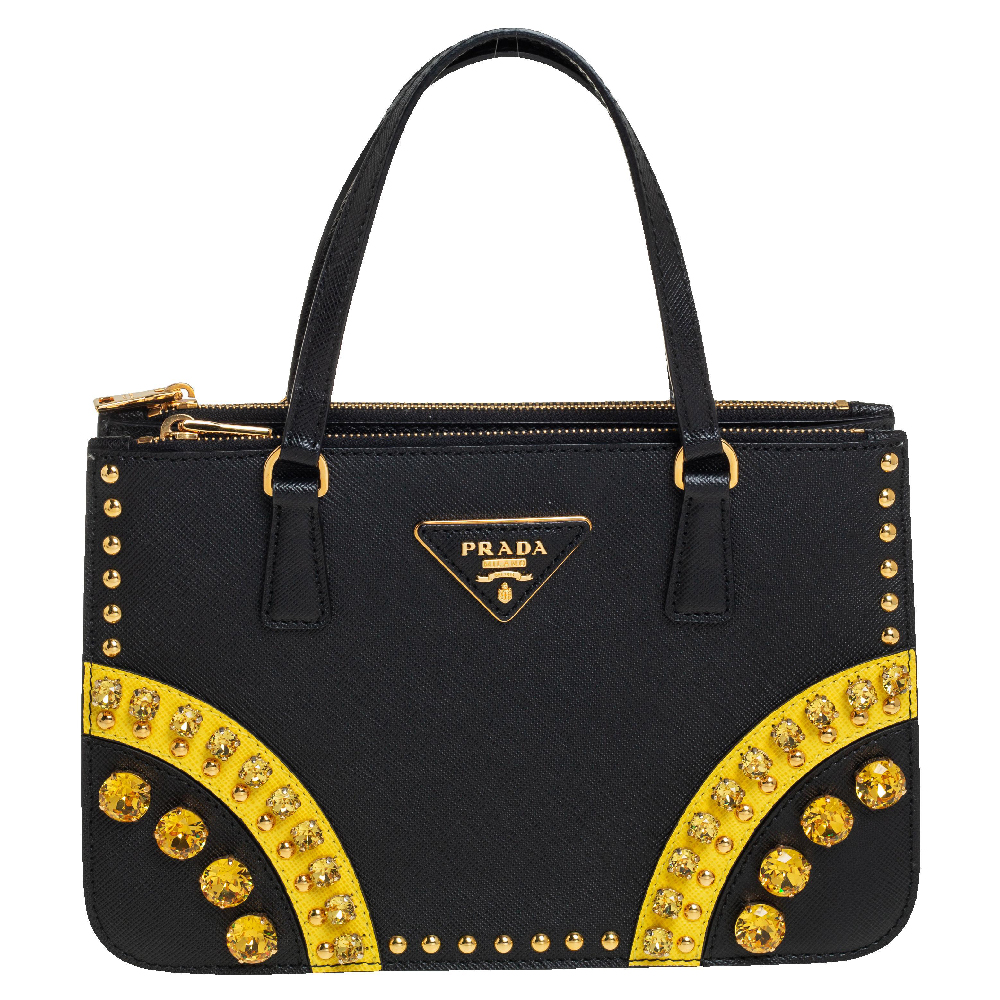 Prada Black Saffiano Leather Crystal Studded Double Zip Tote