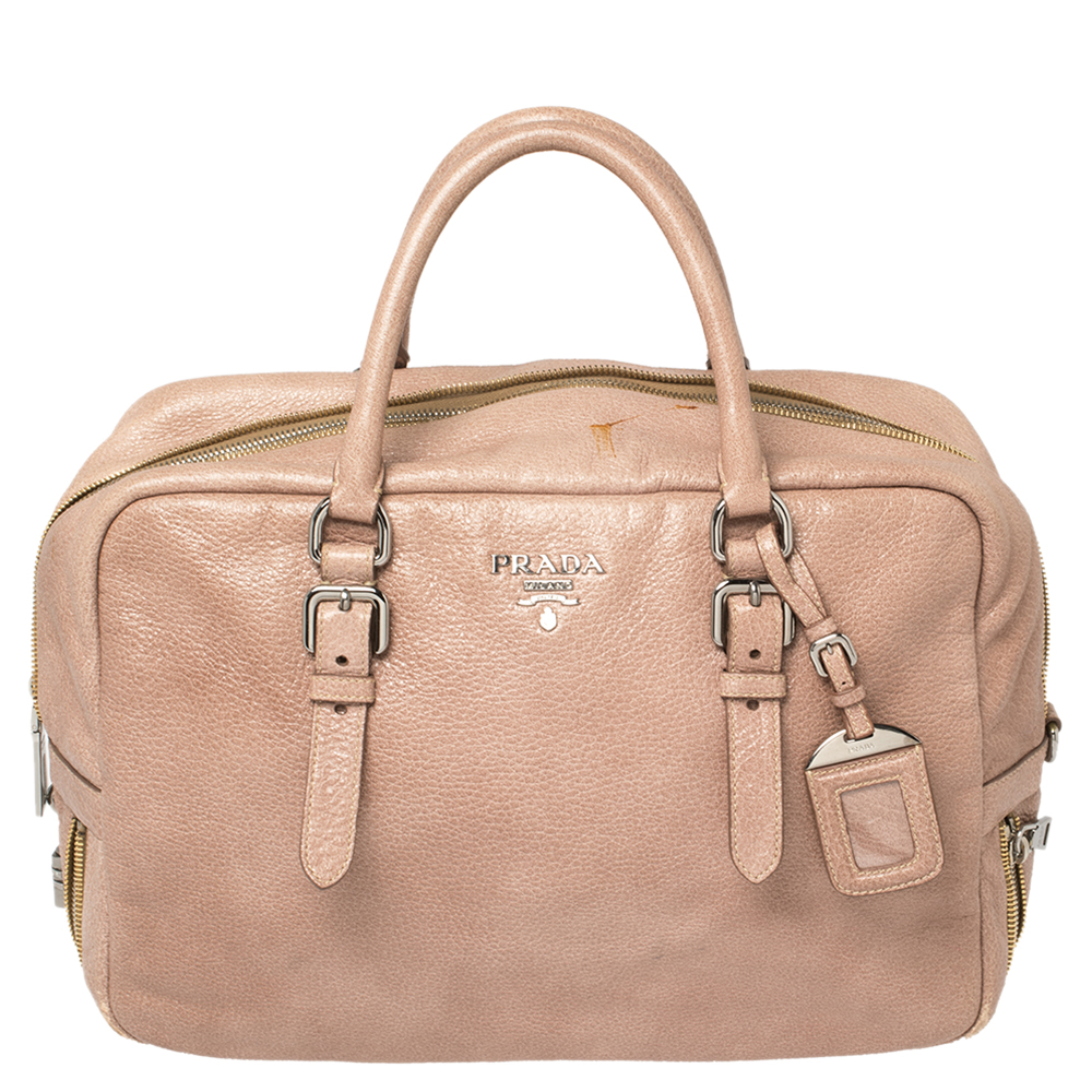 Prada Pink Cervo Lux Leather Zippers Bauletto Bag