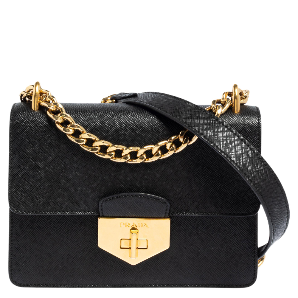 Prada Black Leather Turnlock Flap Chain Shoulder Bag