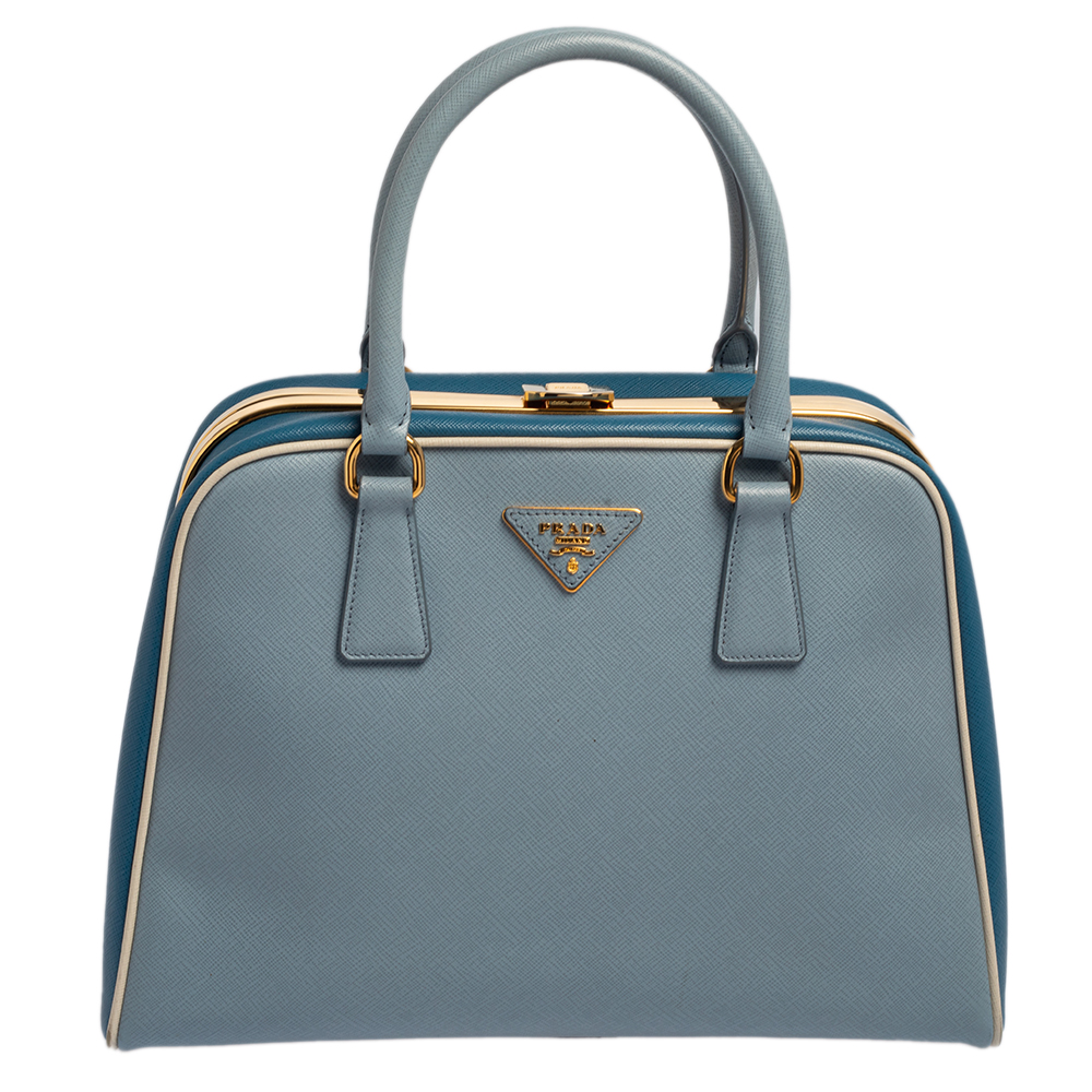 Prada two tone blue saffiano lux leather pyramid frame satchel