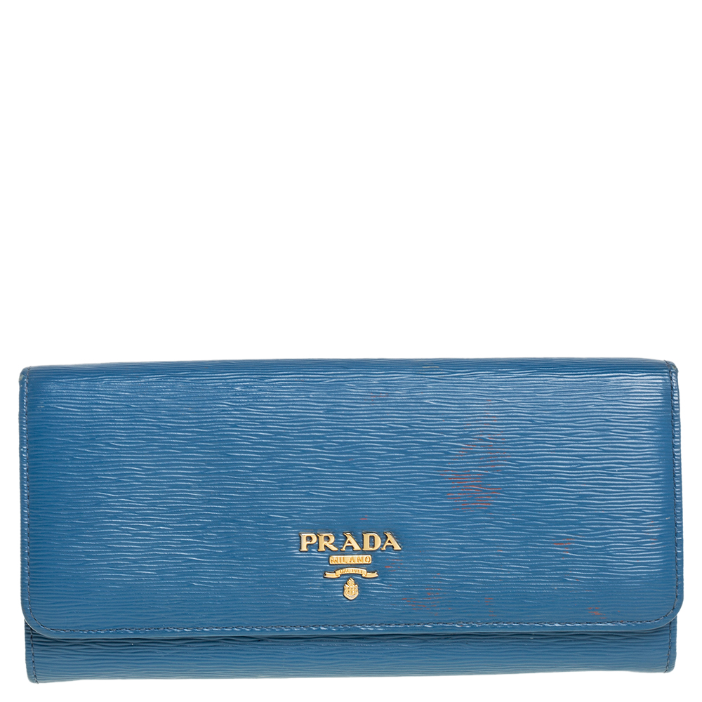 Prada Blue Vitello Move Leather Flap Continental Wallet