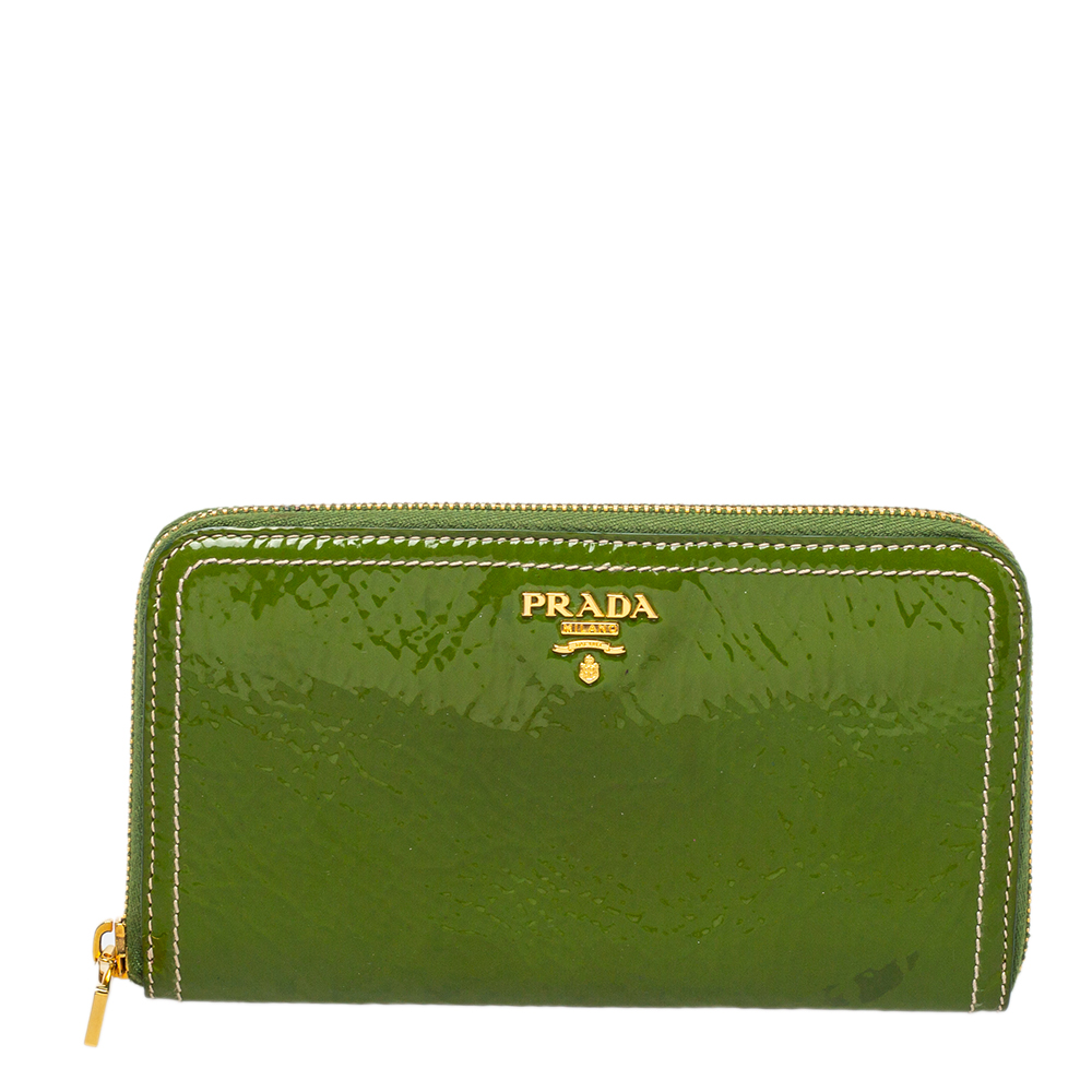 Prada Apple Green Patent Leather Zip Around Continental Wallet