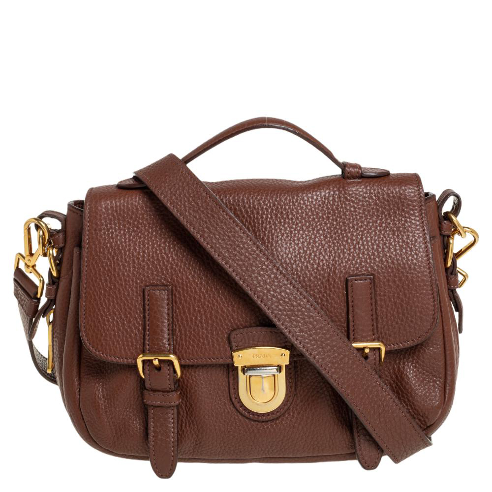 Prada Brown Leather Flap Messenger Bag