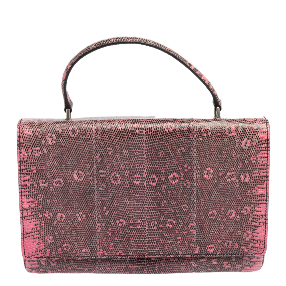 Prada Pink/Black Lizard Leather Front Flap Top Handle Bag