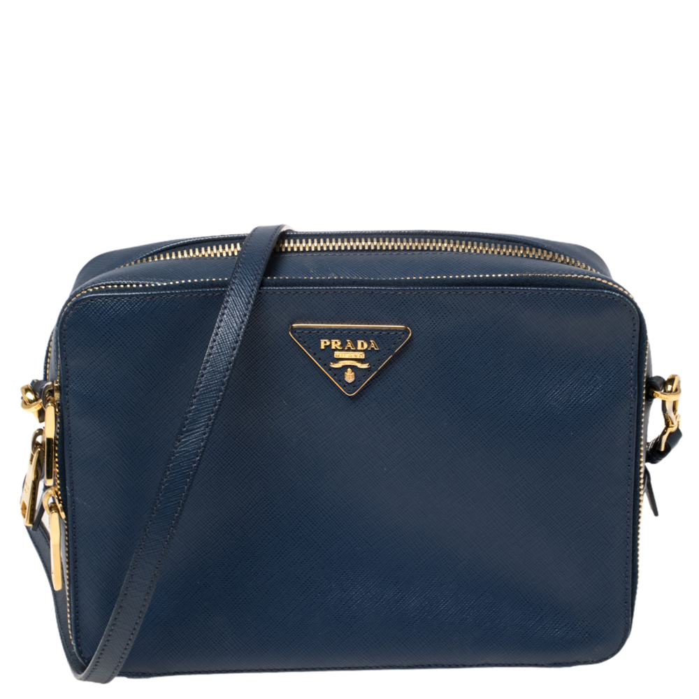 Prada Nvay Blue Saffiano Leather Camera Double Zip Shoulder Bag