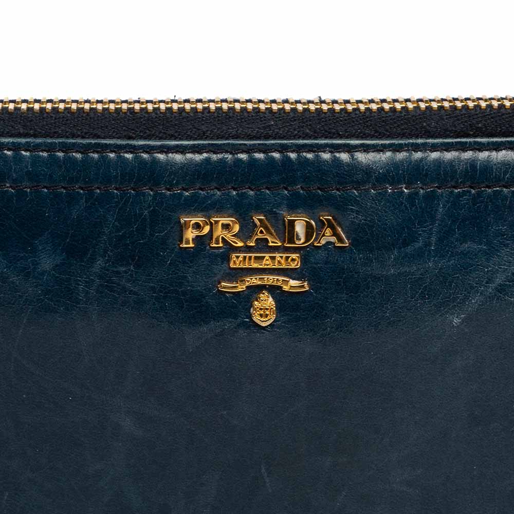 Prada Teal Blue Crinkled Leather Zip Around Continental Wallet