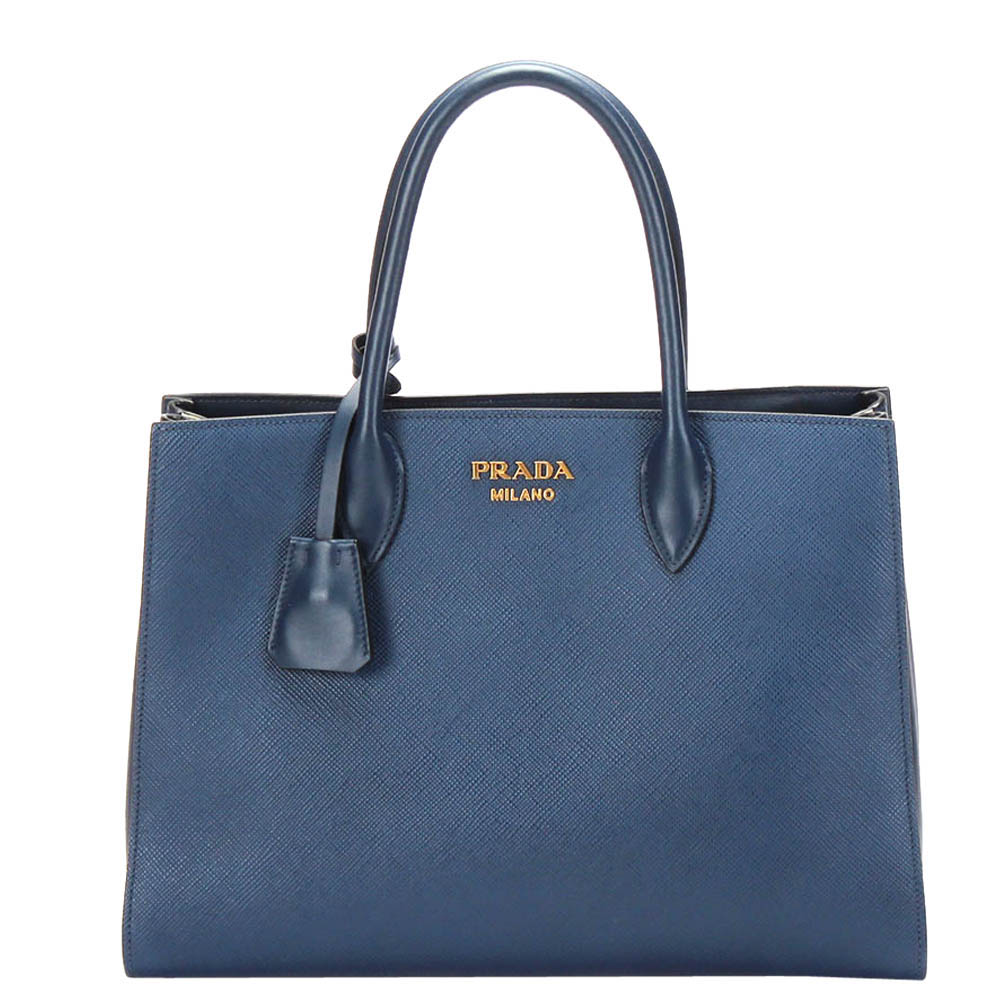 Prada Blue Saffiano Leather Double Cuir Satchel Bag