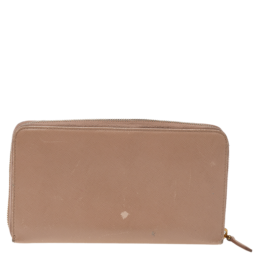 Prada Cream Saffiano Leather Zip Around Wallet