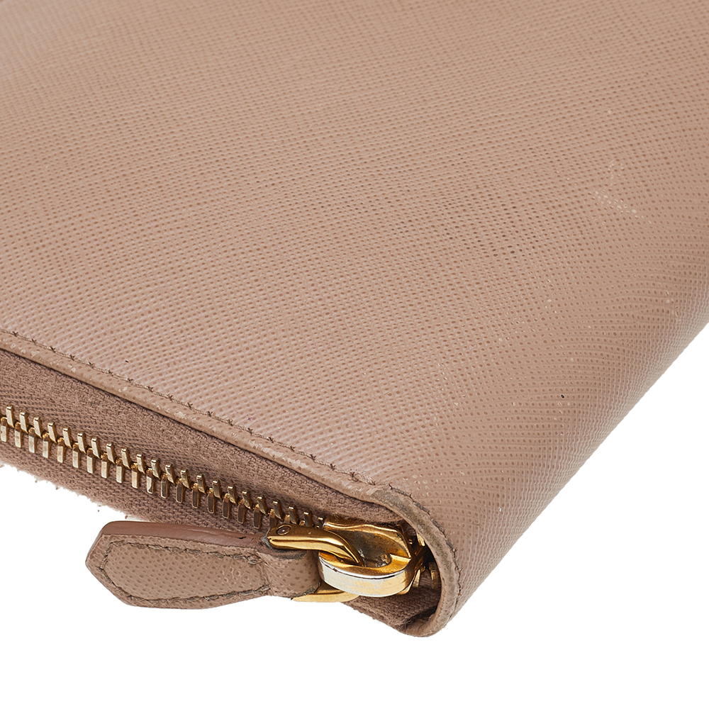 Prada Cream Saffiano Leather Zip Around Wallet