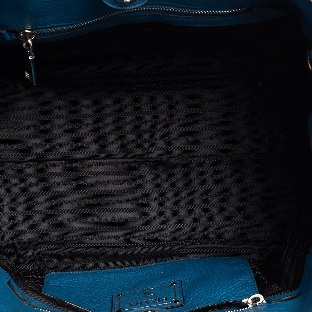 Prada Blue Vitello Daino Leather Front Pocket Wing Tote