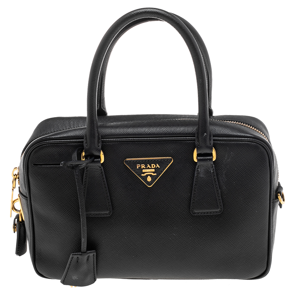 Prada Black Saffiano Leather Bauletto Top Handle Bag