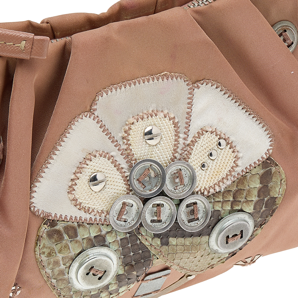 Prada Beige Nylon And Python Details Embellished Shoulder Bag