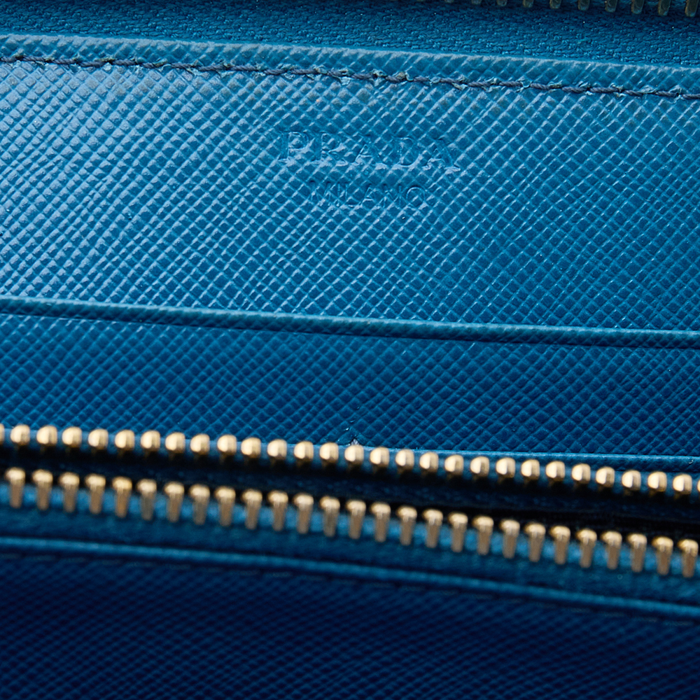 Prada Blue Saffiano Leather Zip Around Wallet
