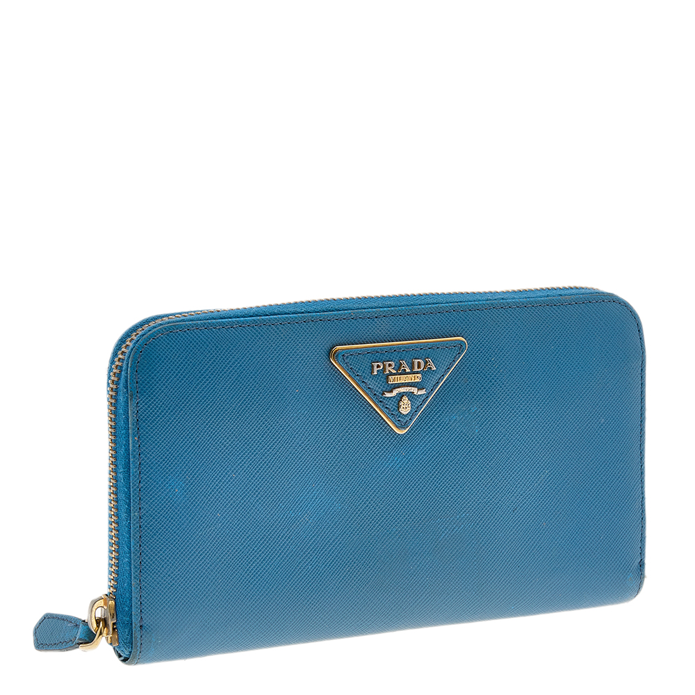 Prada Blue Saffiano Leather Zip Around Wallet