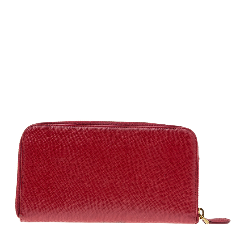 Prada Red Saffiano Leather Zip Around Wallet
