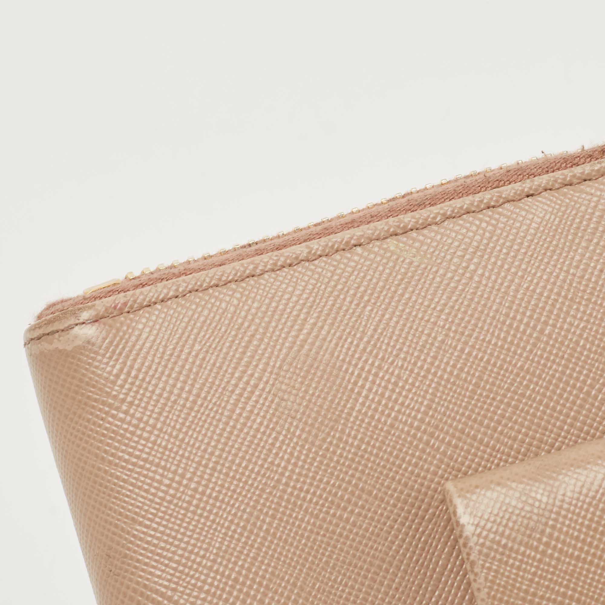 Prada Beige Saffiano Leather Bow Zip Around Wallet