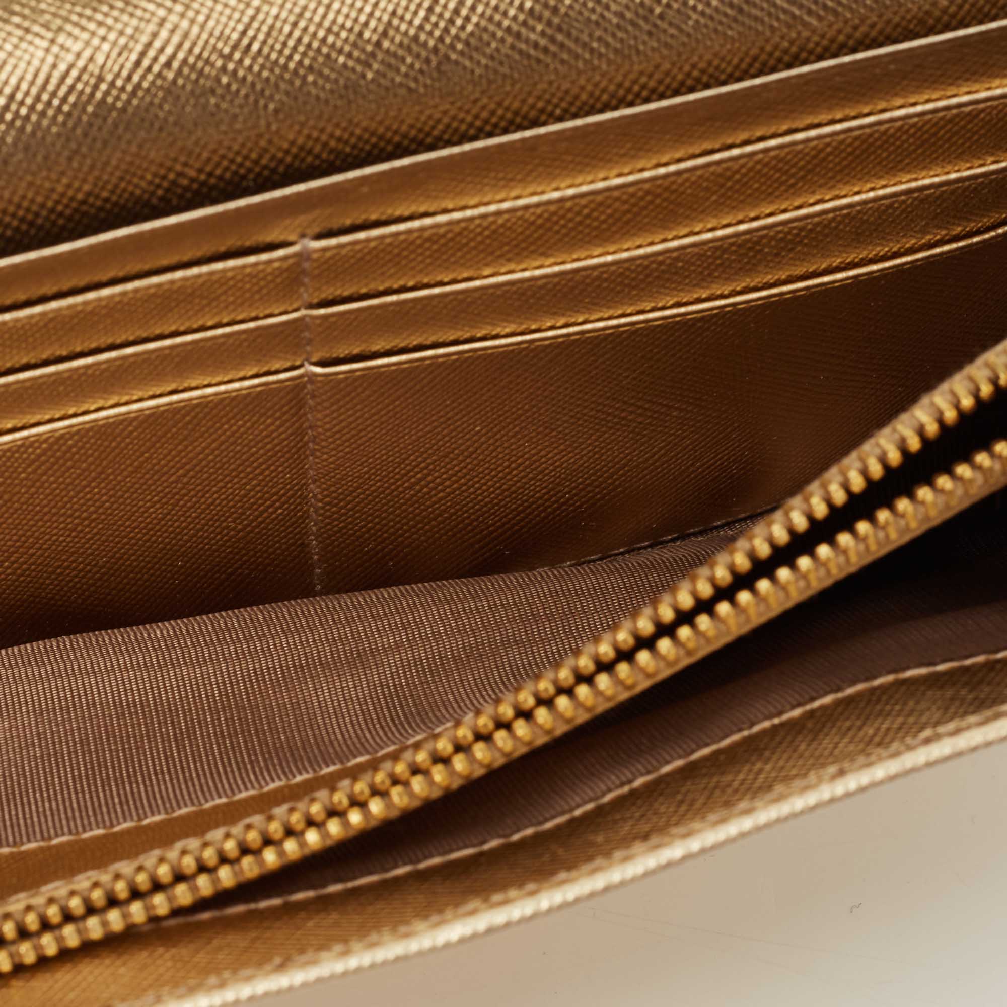 Prada Gold Saffiano Leather Pushlock Flap Wallet