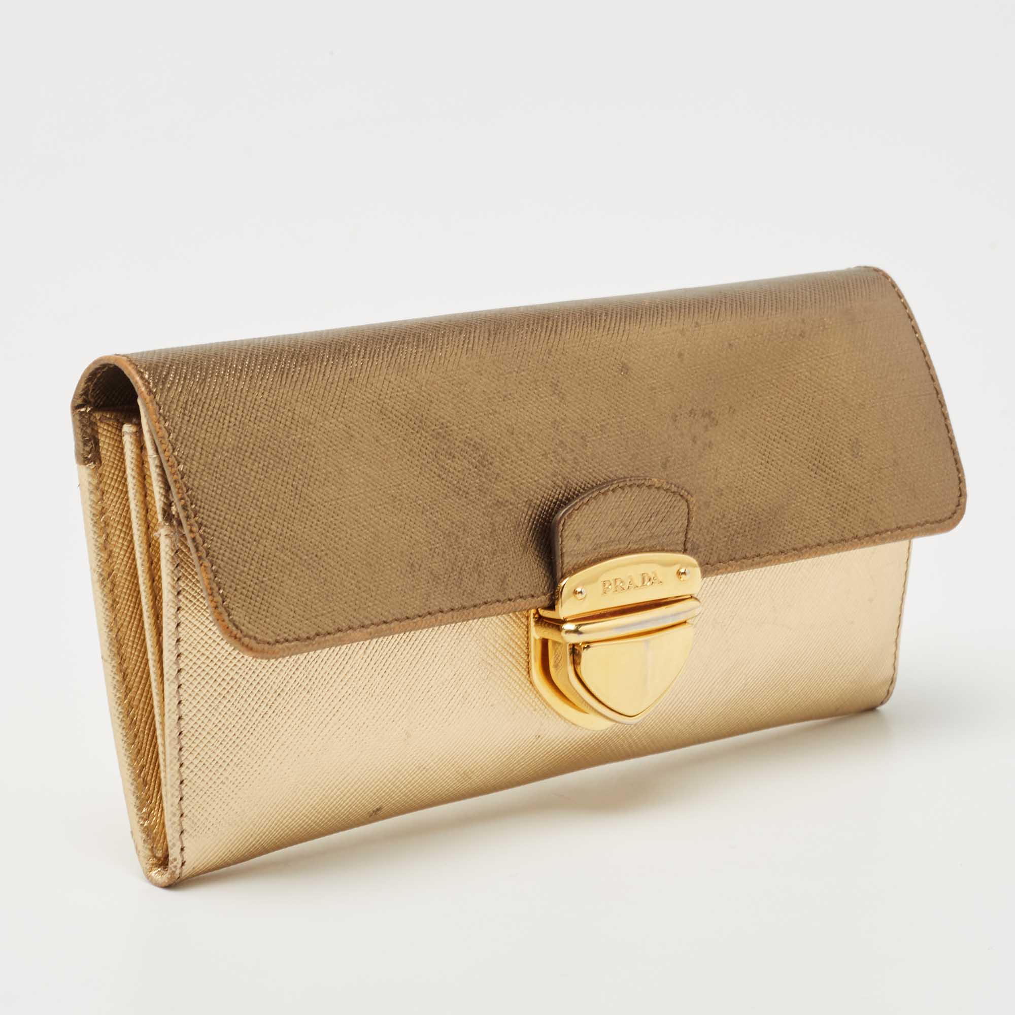 Prada Gold Saffiano Leather Pushlock Flap Wallet