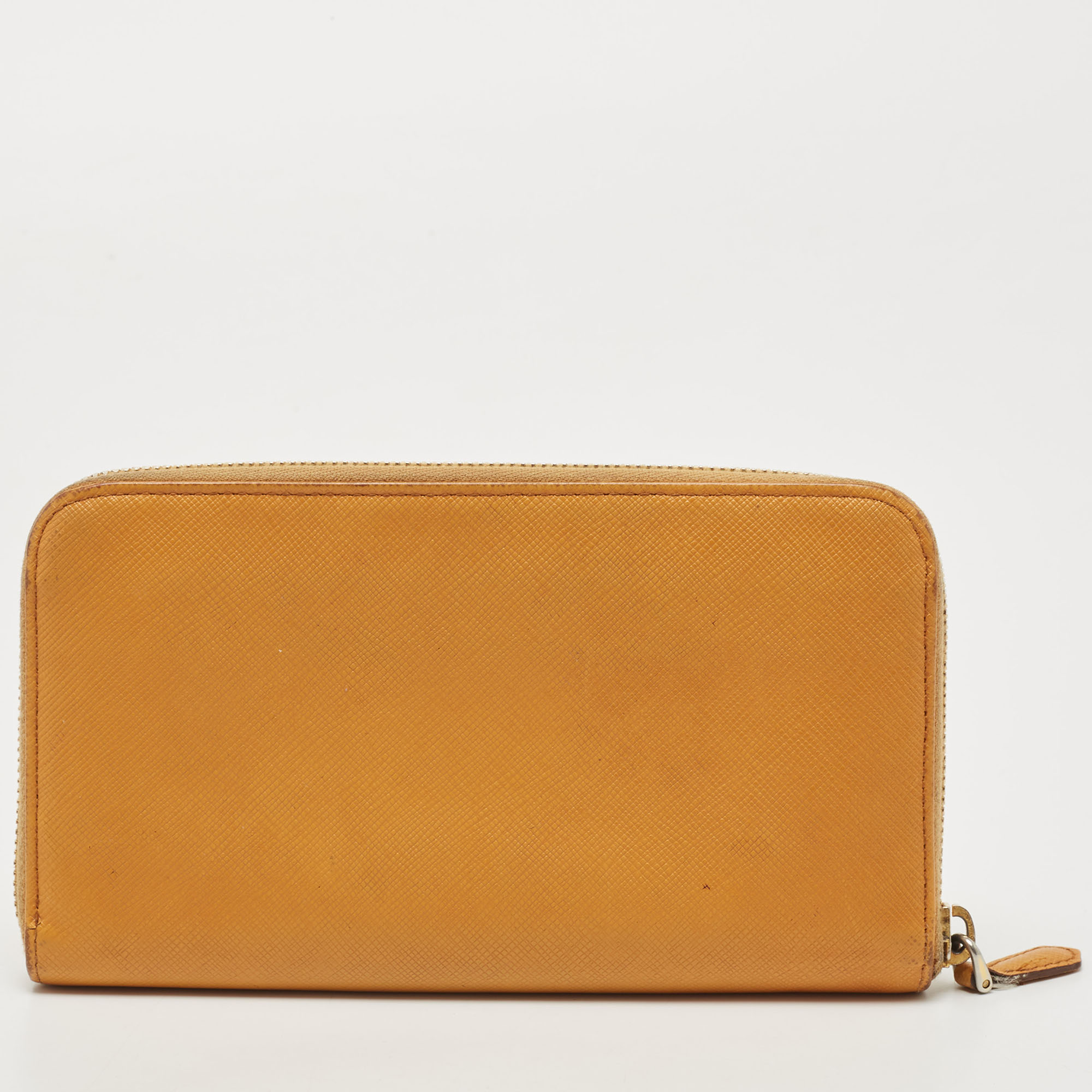 Prada Mustard Saffiano Lux Leather Zip Around Continental Wallet
