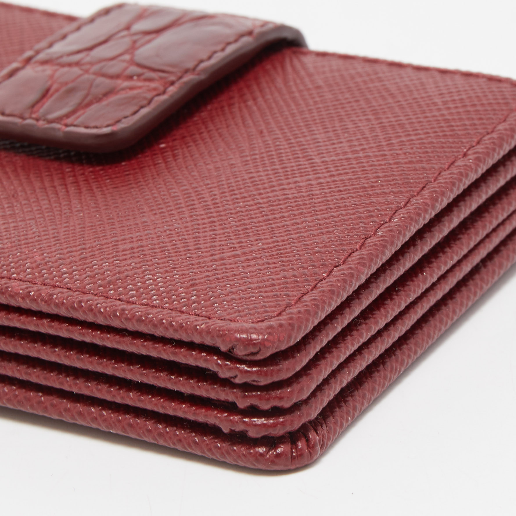 Prada Burgundy Saffiano Leather And Croccodile 5 Gussets Card Case