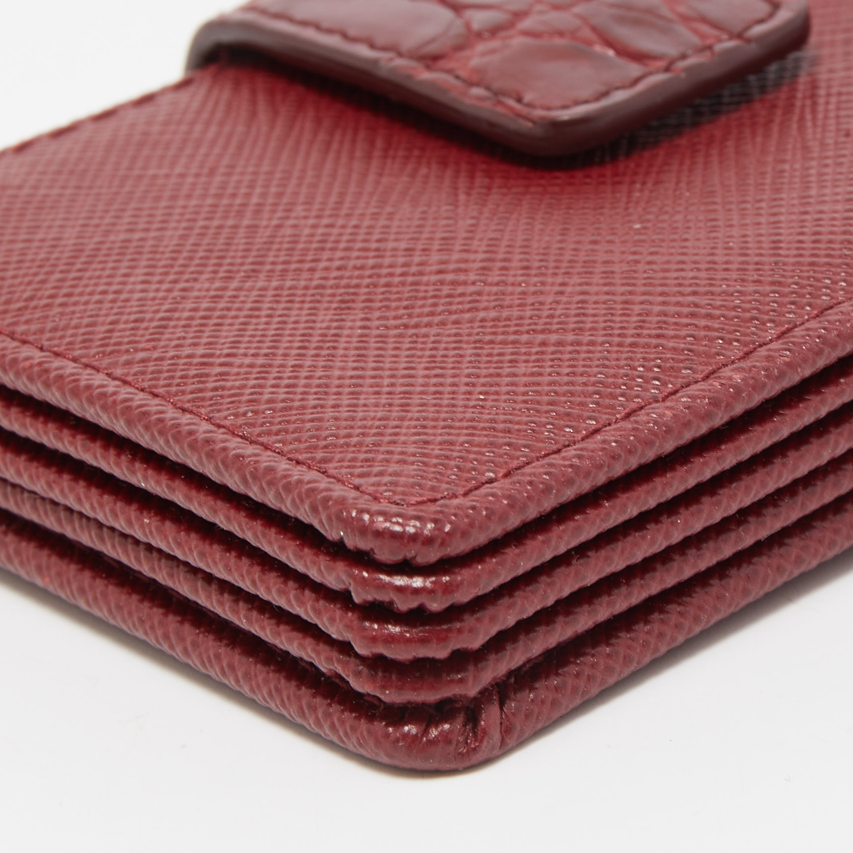 Prada Burgundy Saffiano Leather And Croccodile 5 Gussets Card Case