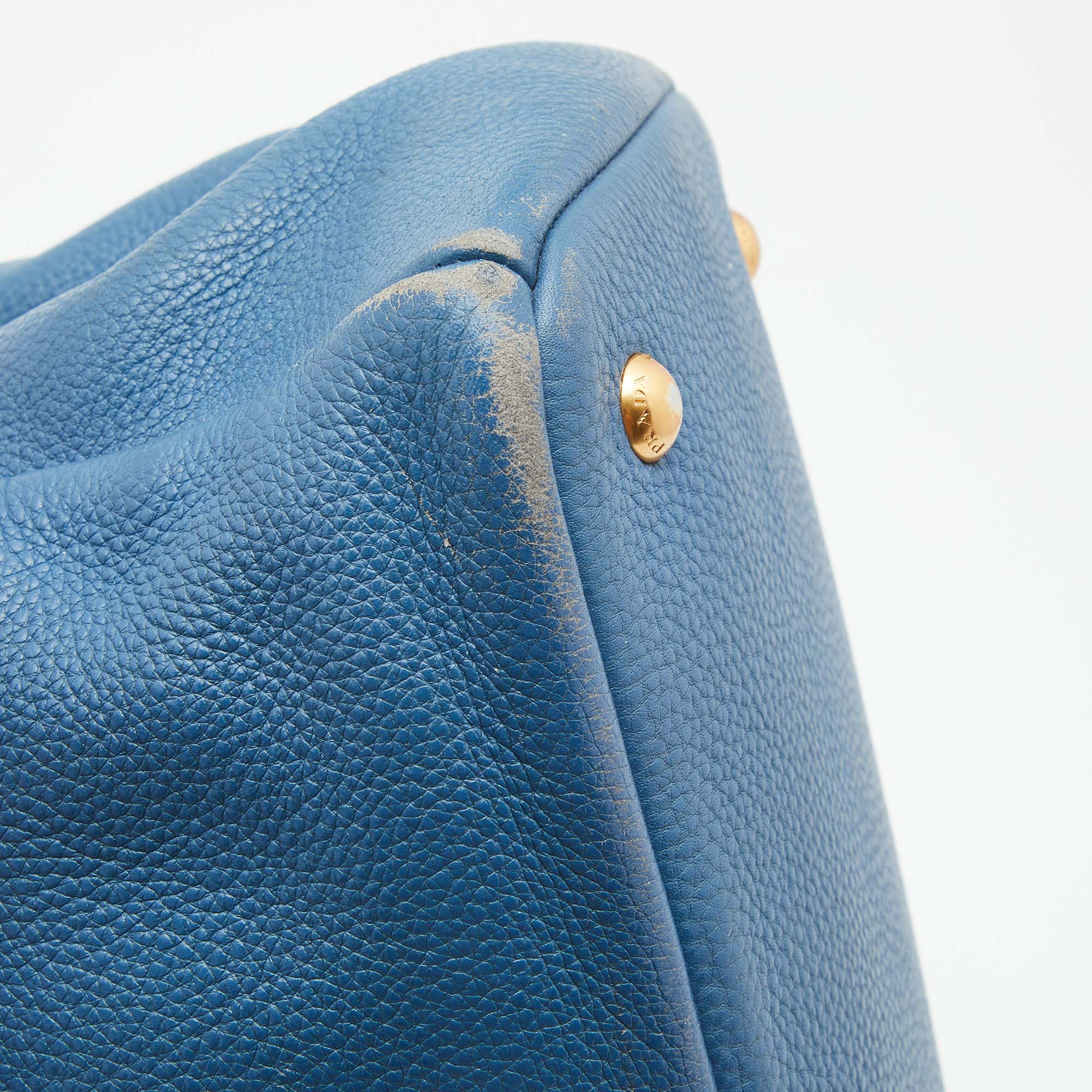 Prada Blue Vitello Daino Leather Medium Tote