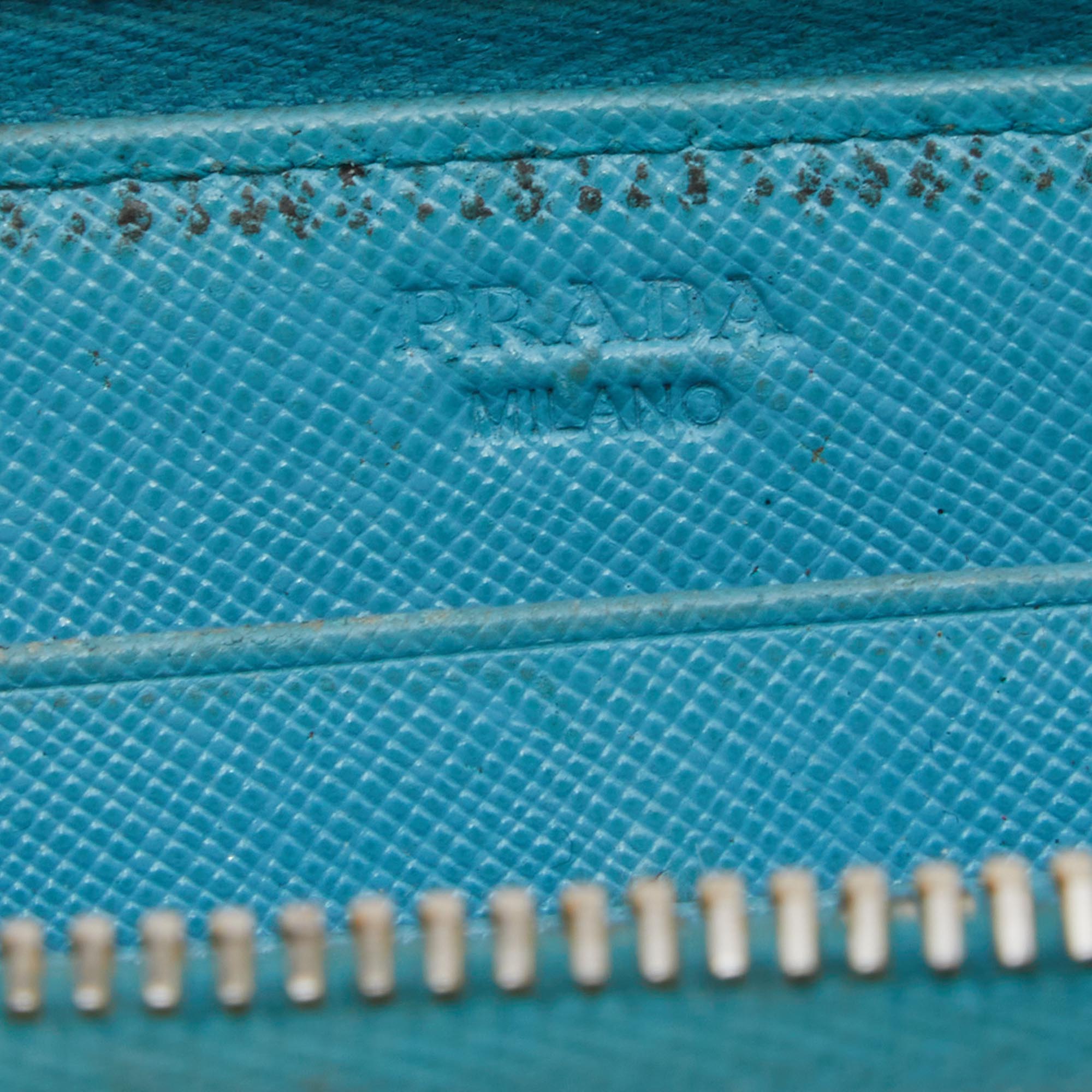 Prada Blue Saffiano Lux Leather Zip Around Wallet