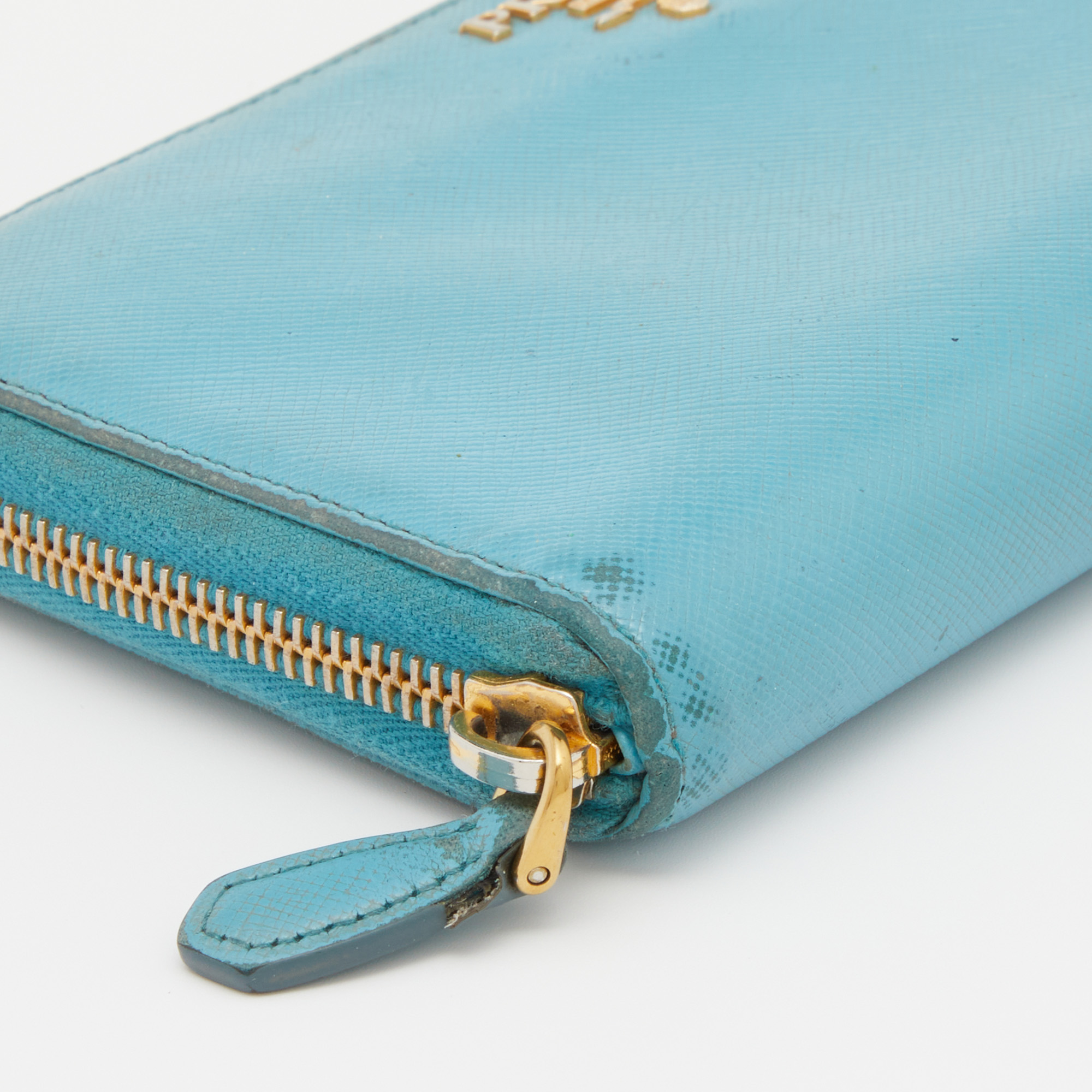 Prada Blue Saffiano Lux Leather Zip Around Wallet