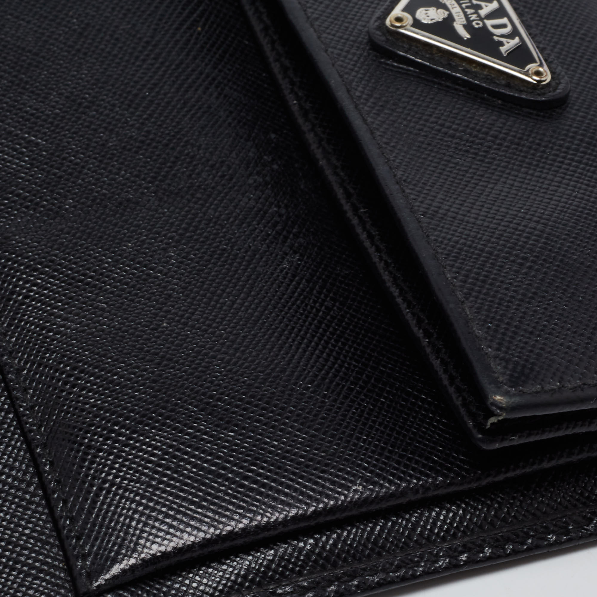 Prada Black Saffiano Metal Leather Triangle Logo Trifold Wallet