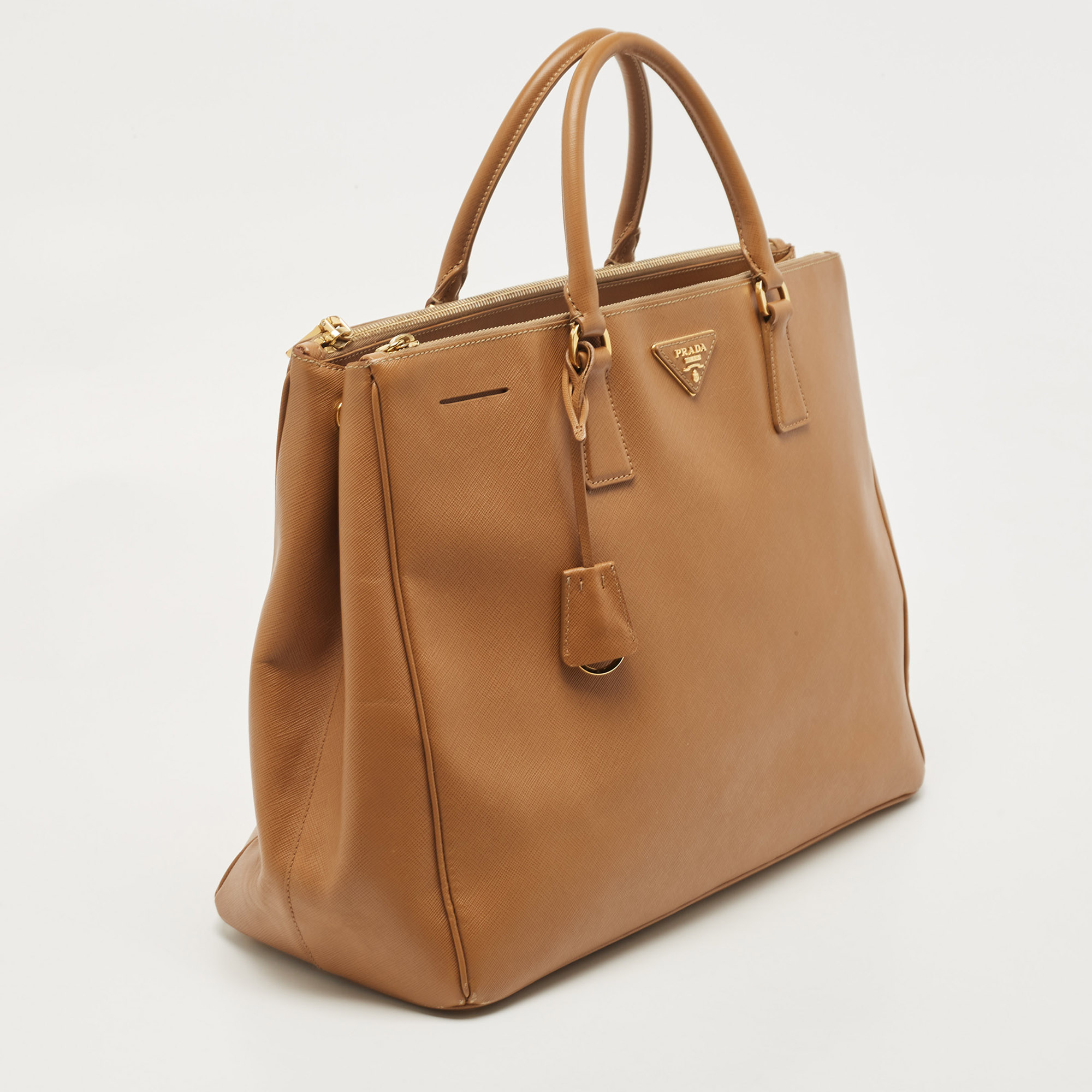 Prada Camel Brown Saffiano Lux Leather Extra Large Double Zip Tote