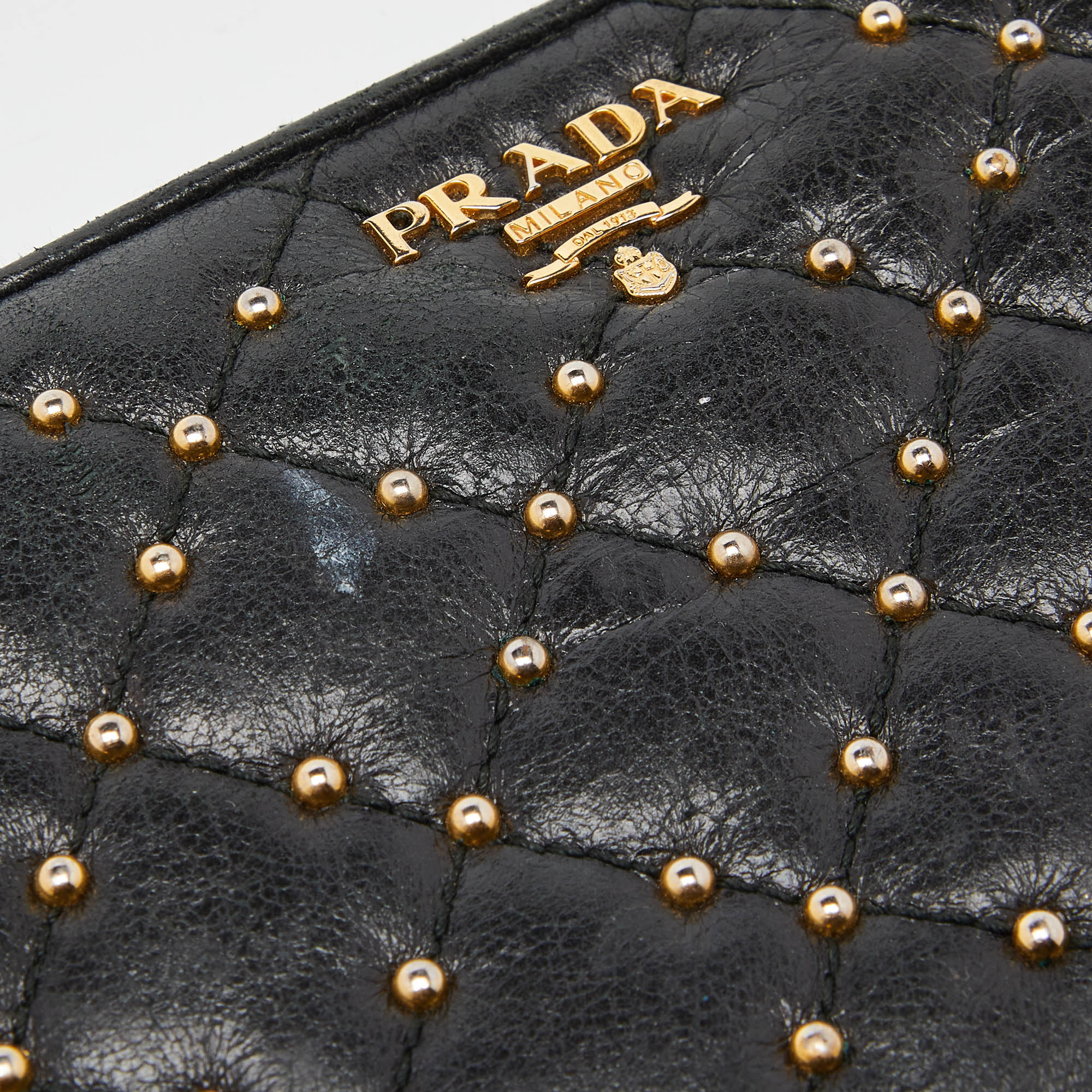 Prada Black Quilted Leather Studded Continental Wallet