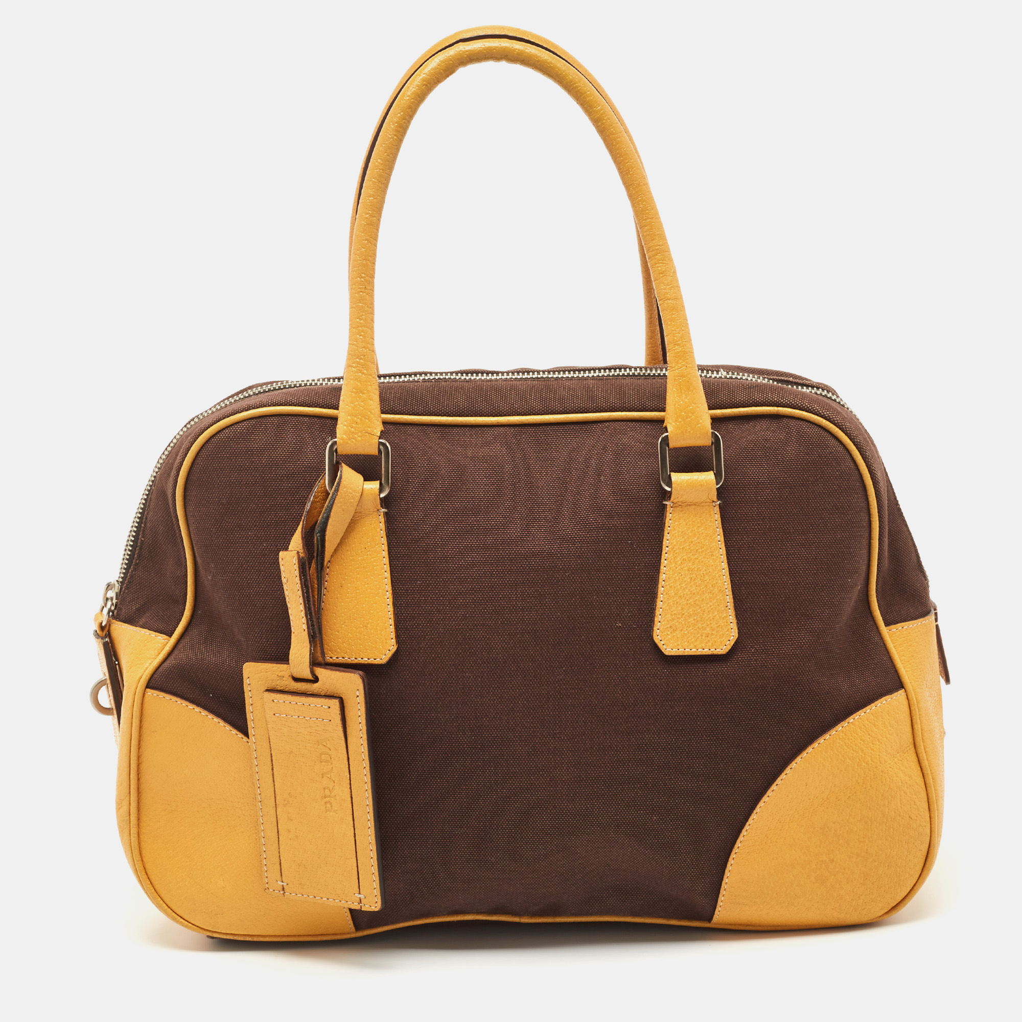 Prada Yellow/Brown Canvas And Leather Boston Bag