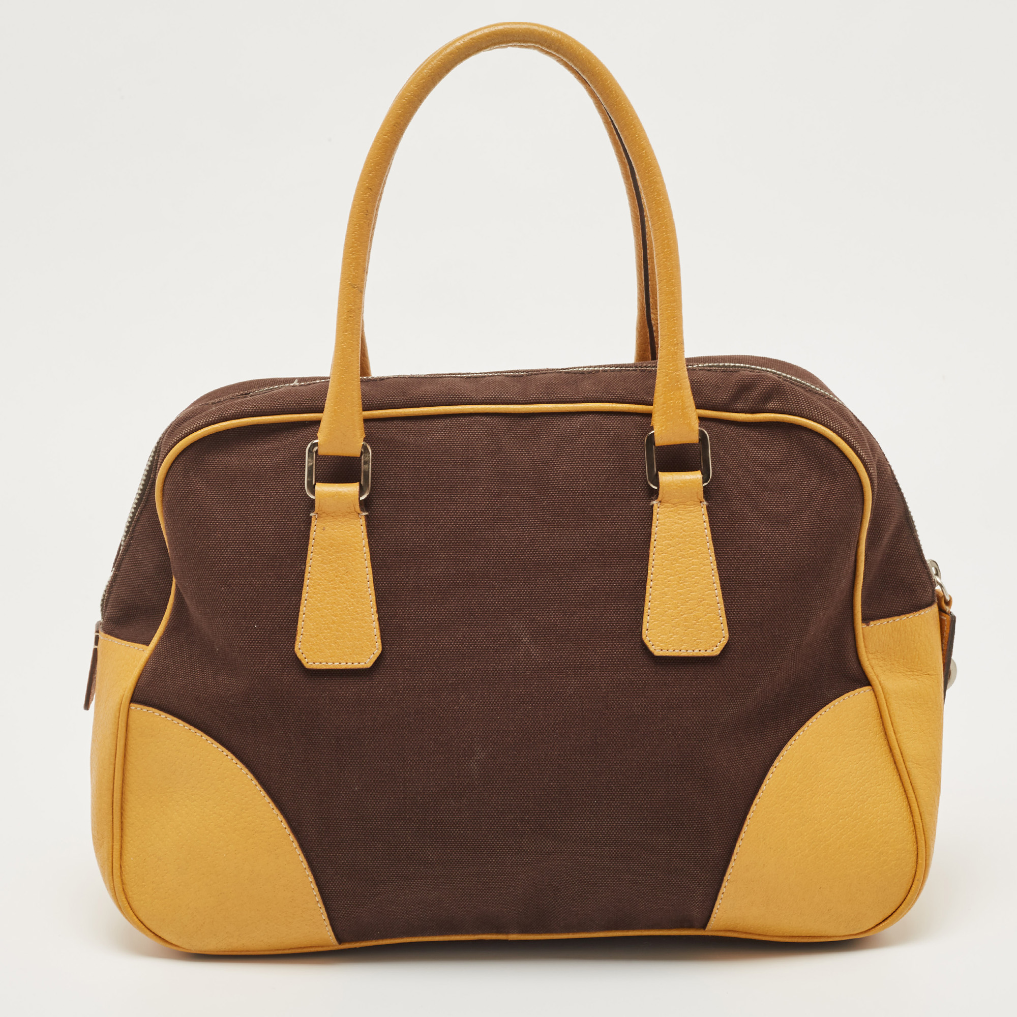 Prada Yellow/Brown Canvas And Leather Boston Bag