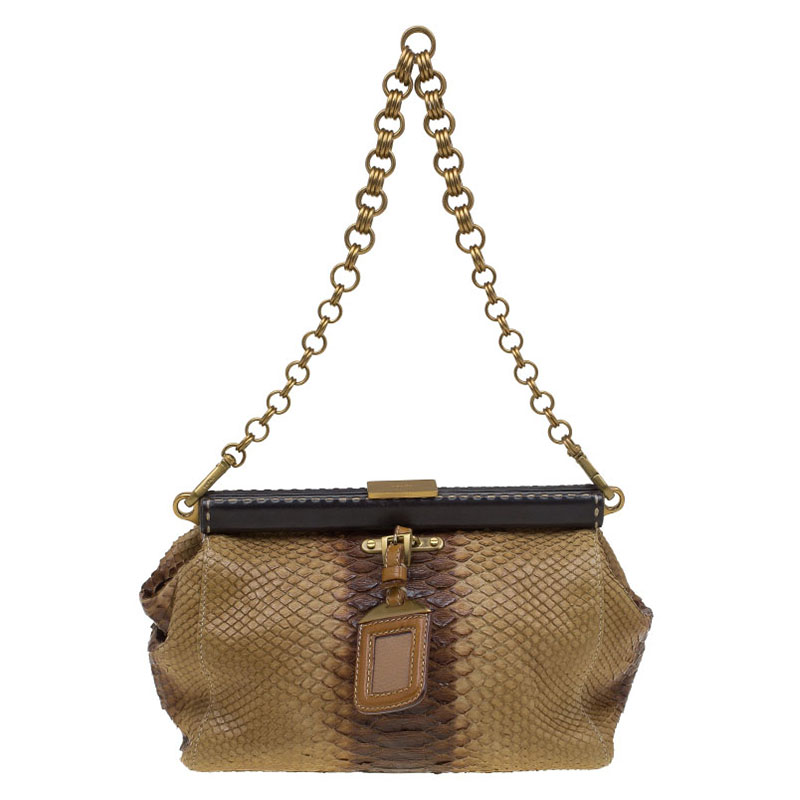 Image of Prada Beige Ombre Python Frame Chain Shoulder Bag