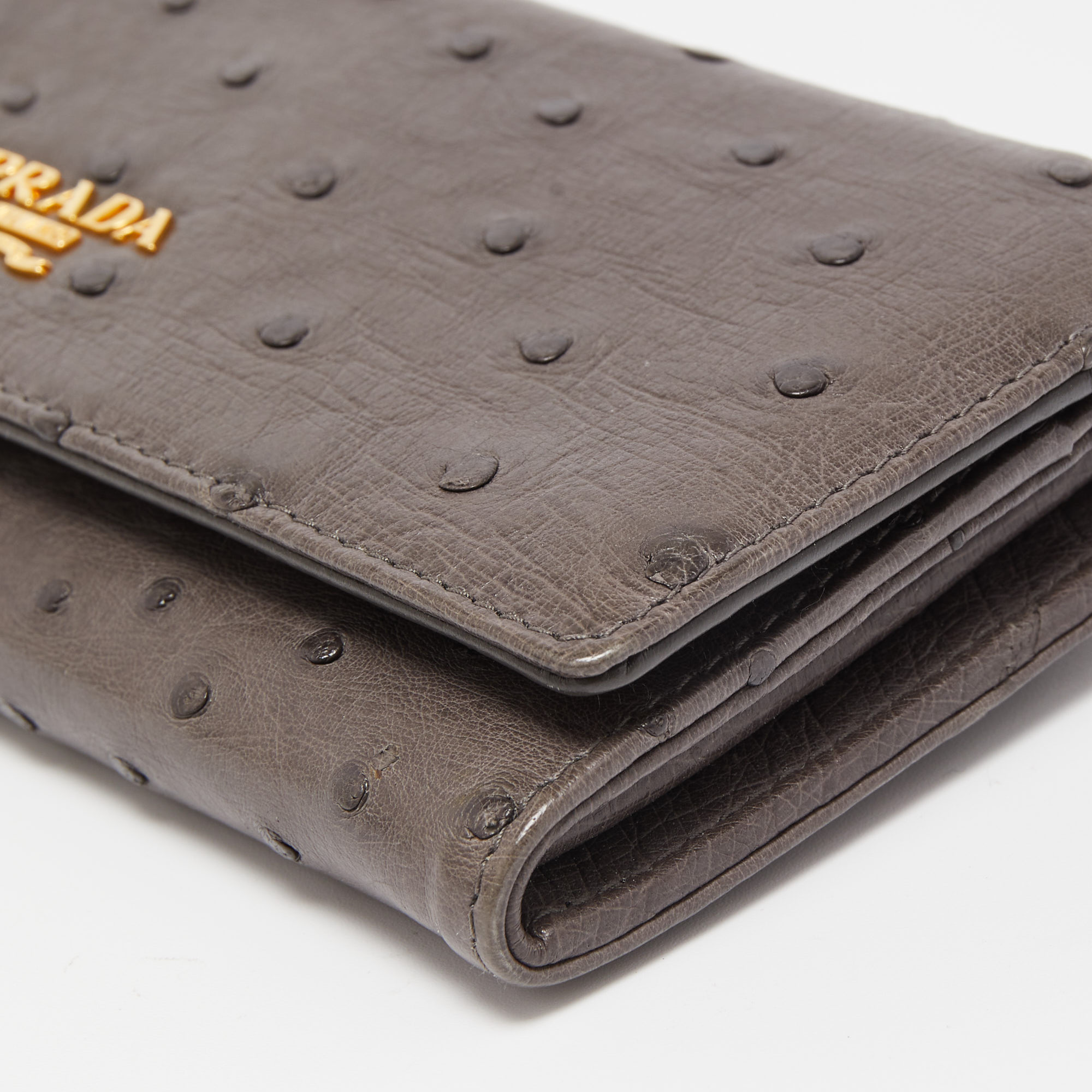 Prada Grey Ostrich Leather Logo Flap Continental Wallet