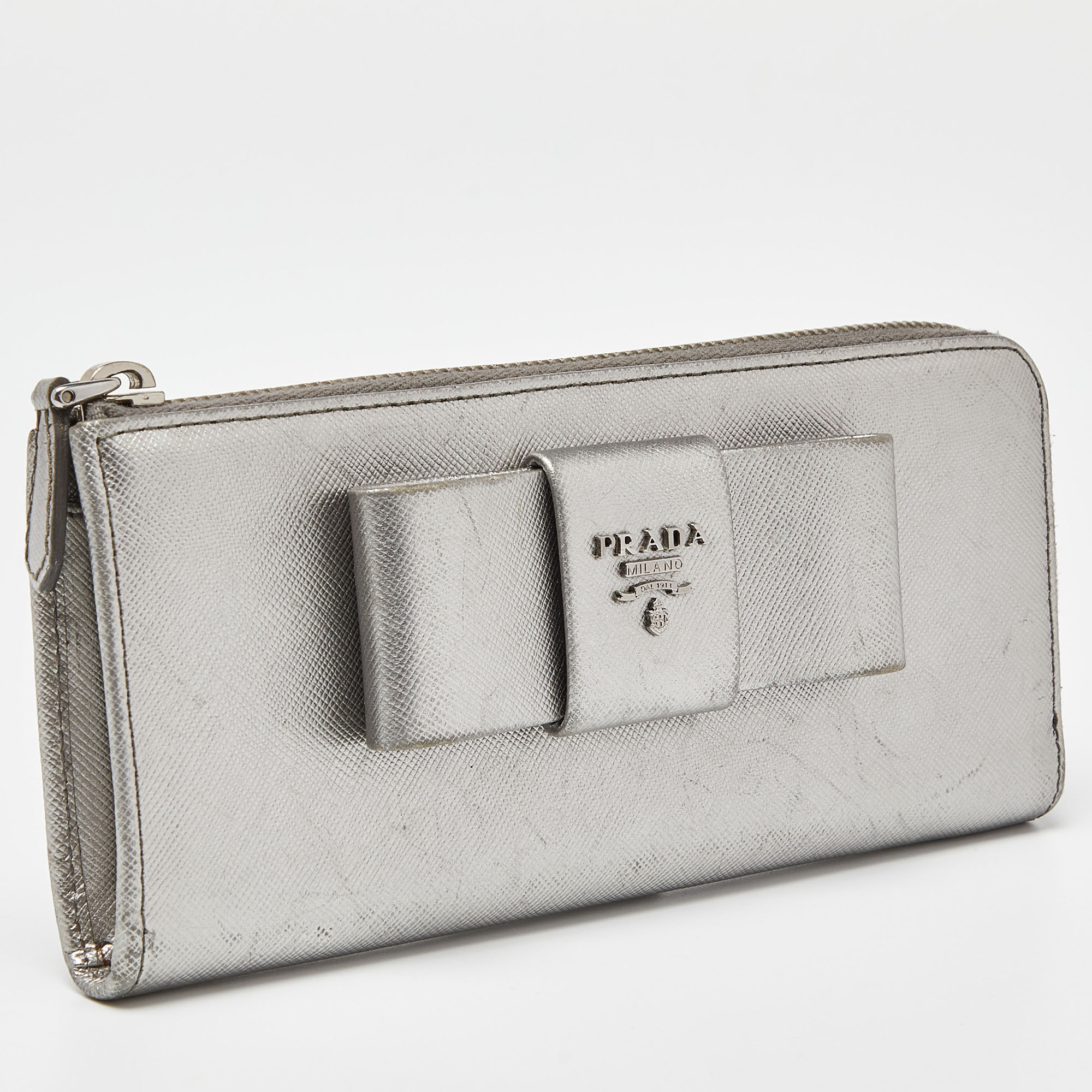 Prada Silver Saffiano Lux Leather Zip Around Wallet