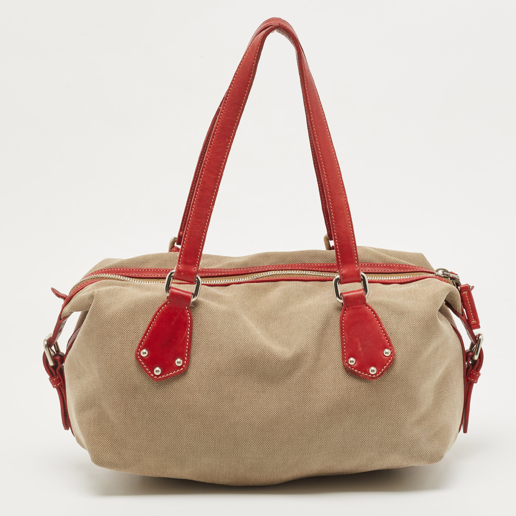 Prada Beige/Red Logo Jacquard And Leather Bauletto Bag
