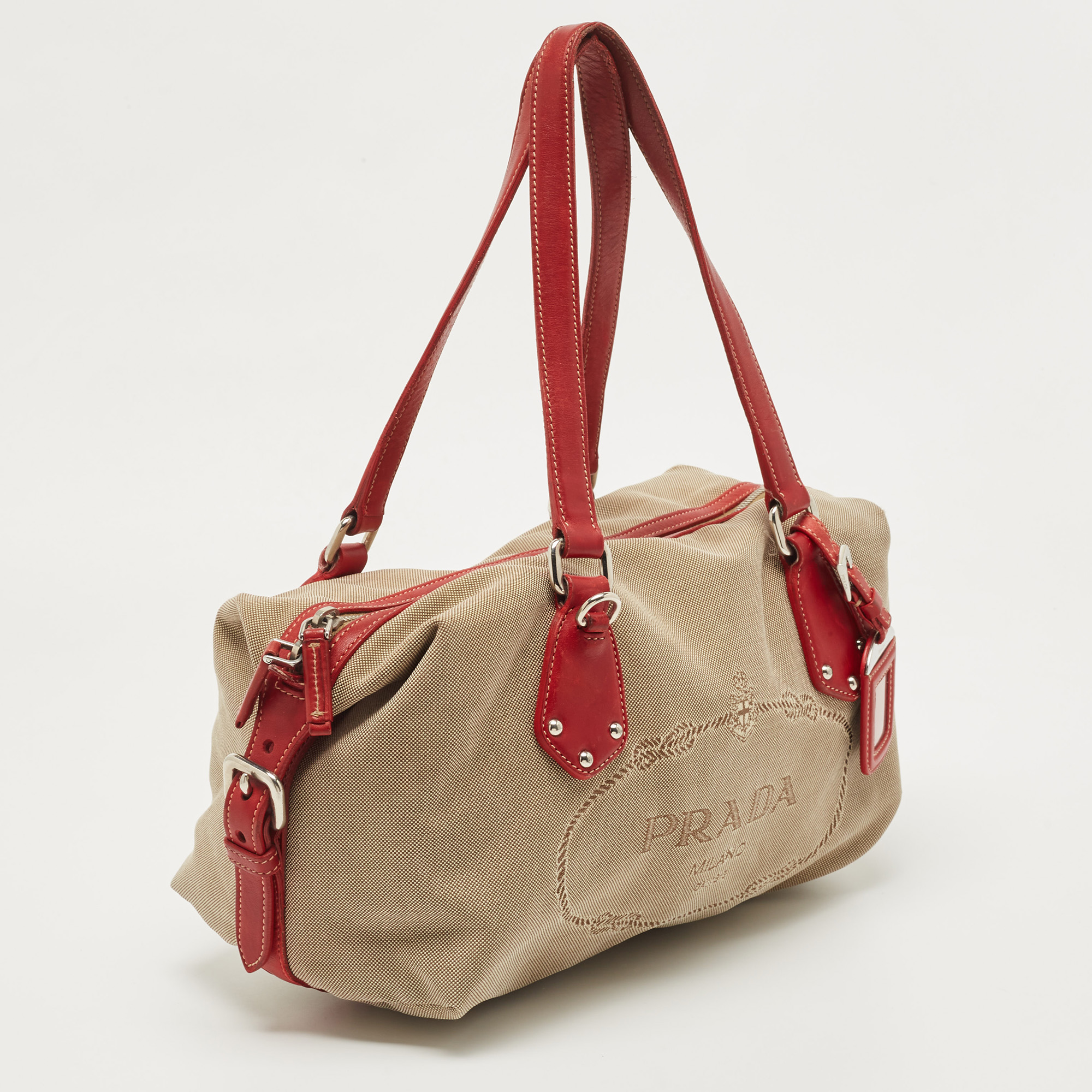Prada Beige/Red Logo Jacquard And Leather Bauletto Bag