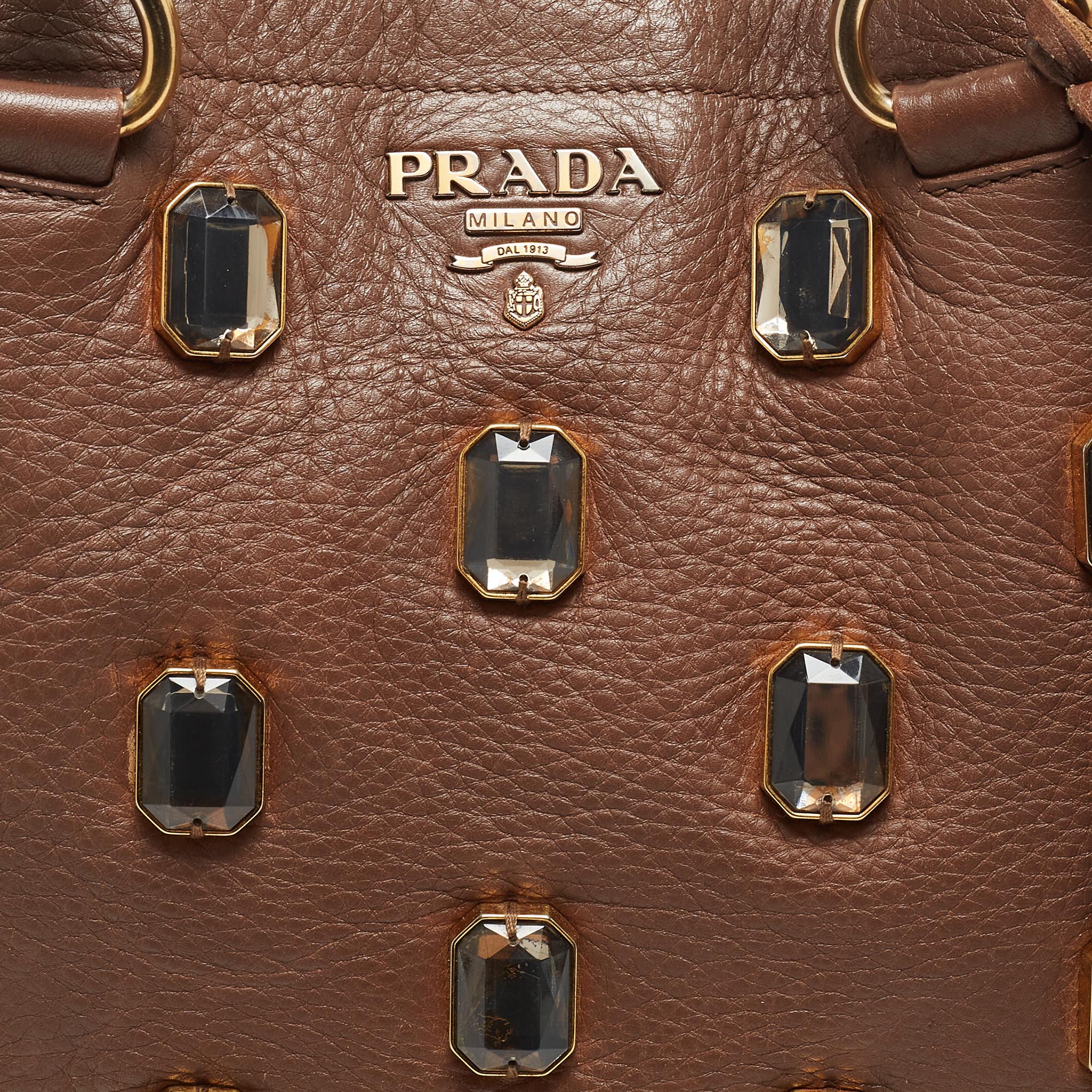 Prada Dark Brown Leather Crystals Embellished Tote