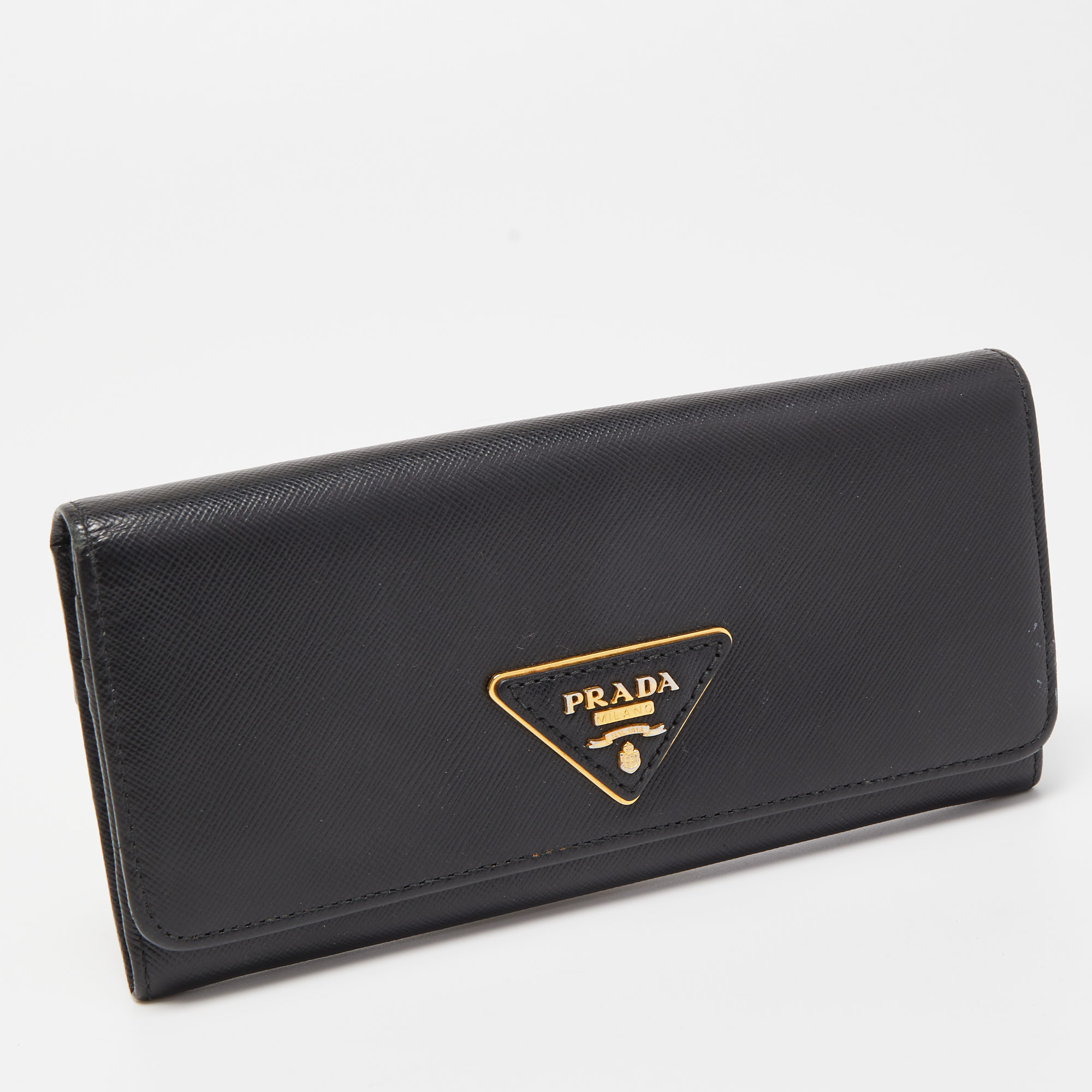 Prada Black Saffiano Lux Leather Flap Continental Wallet