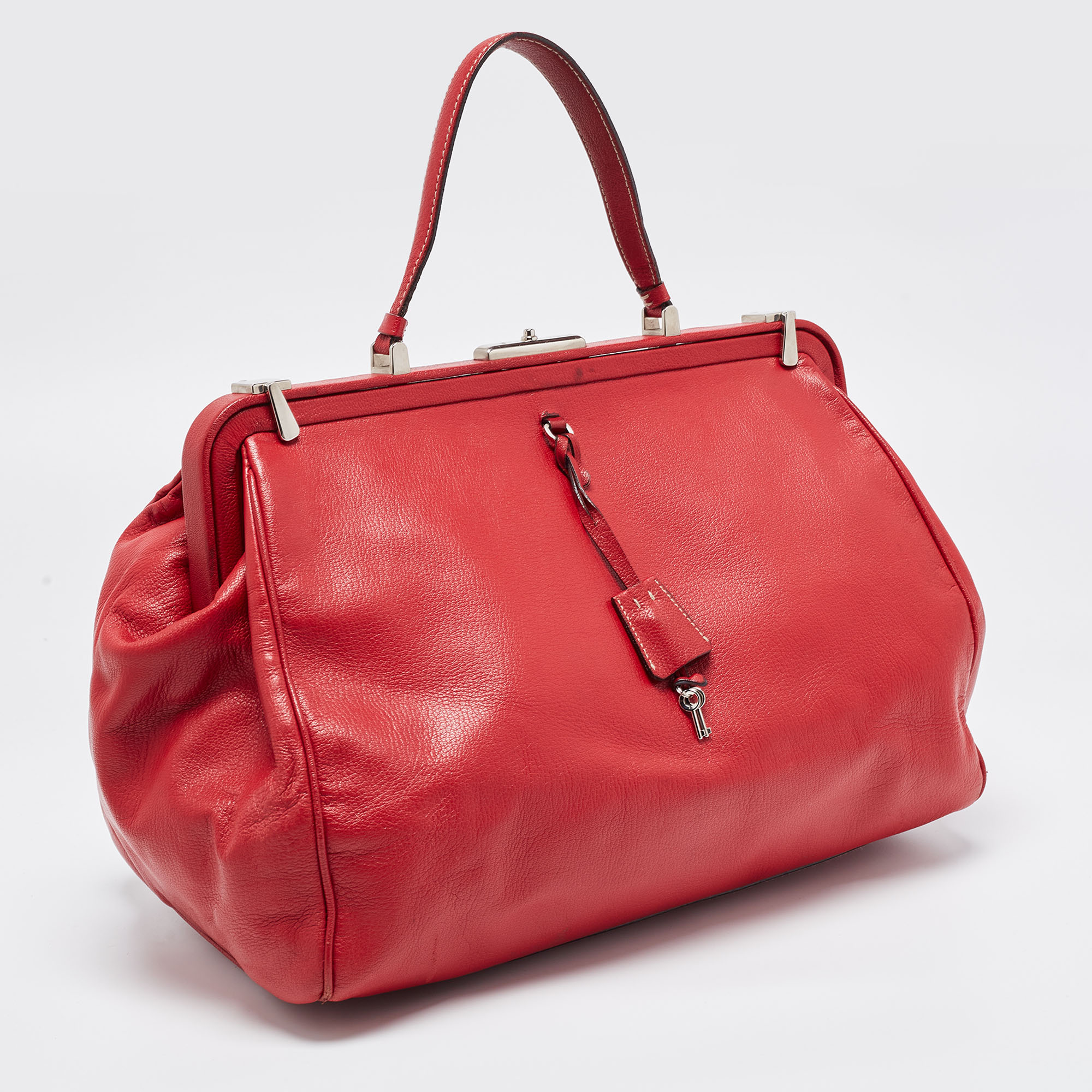 Prada Red Leather Spazzolato Frame Top Handle Bag