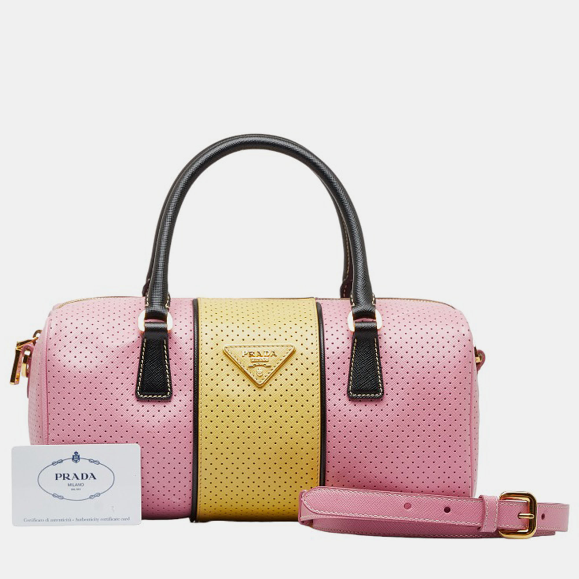 Prada Pink/Yellow Perforated Leather Lux Bauletto Boston Bag