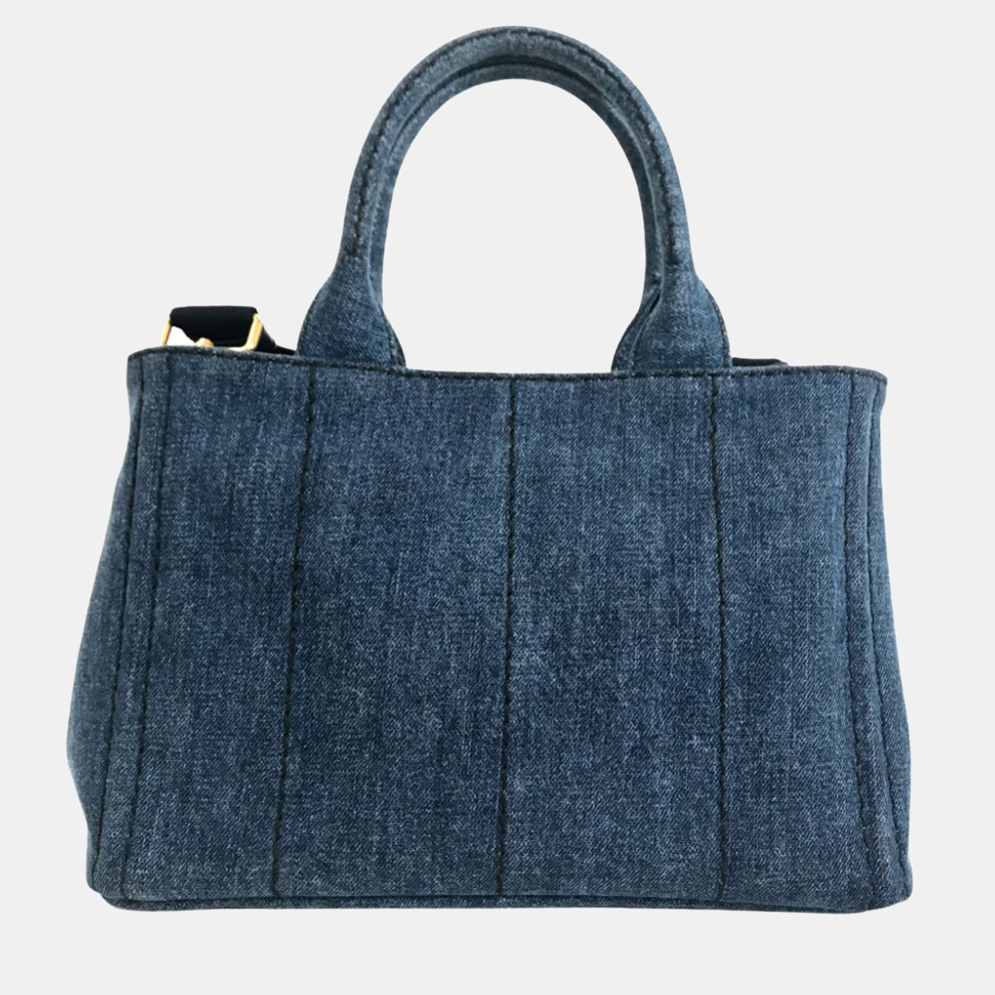 Prada Blue Denim Logo Canapa Tote Bag