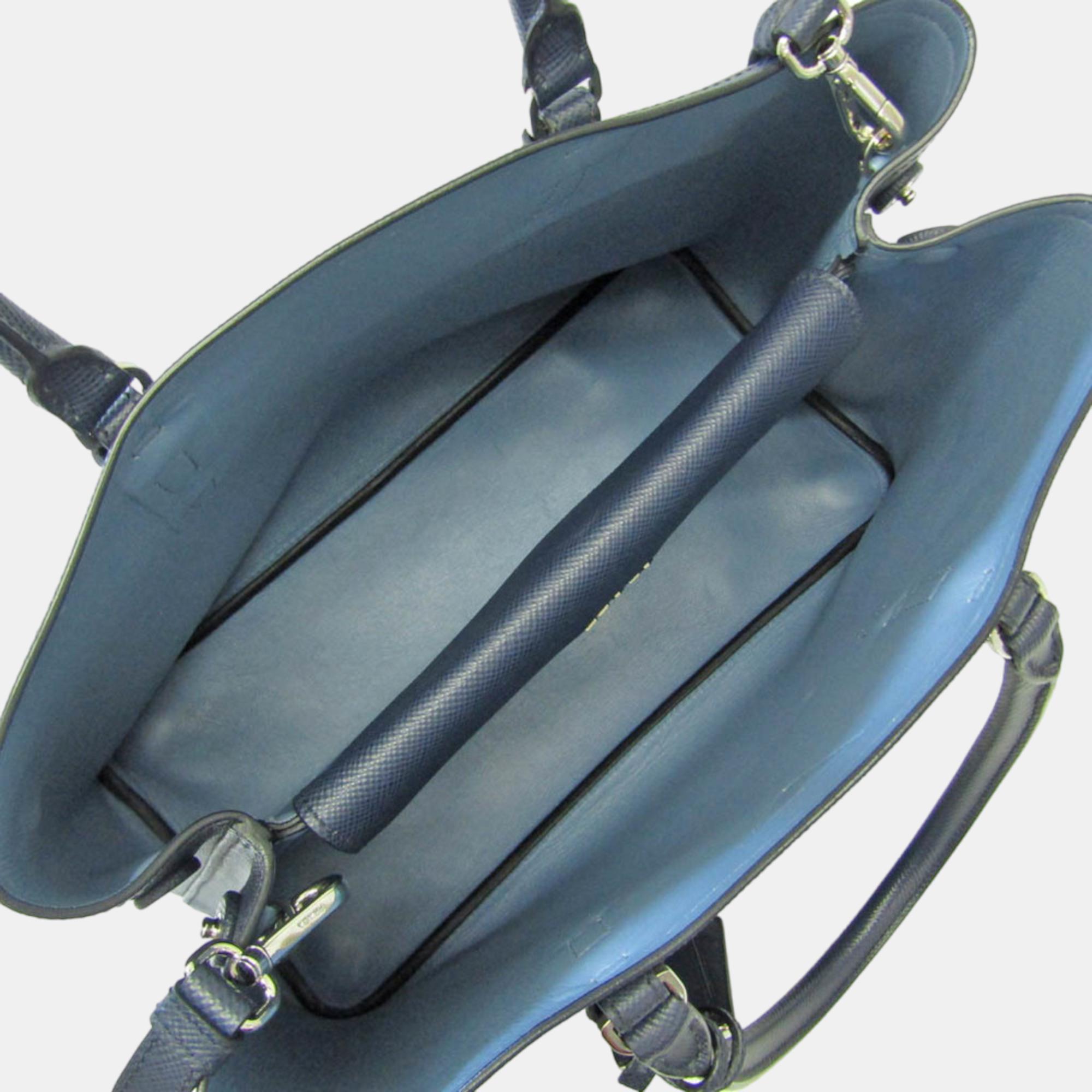 Prada Blue Leather Saffiano Cuir Double Tote Bag