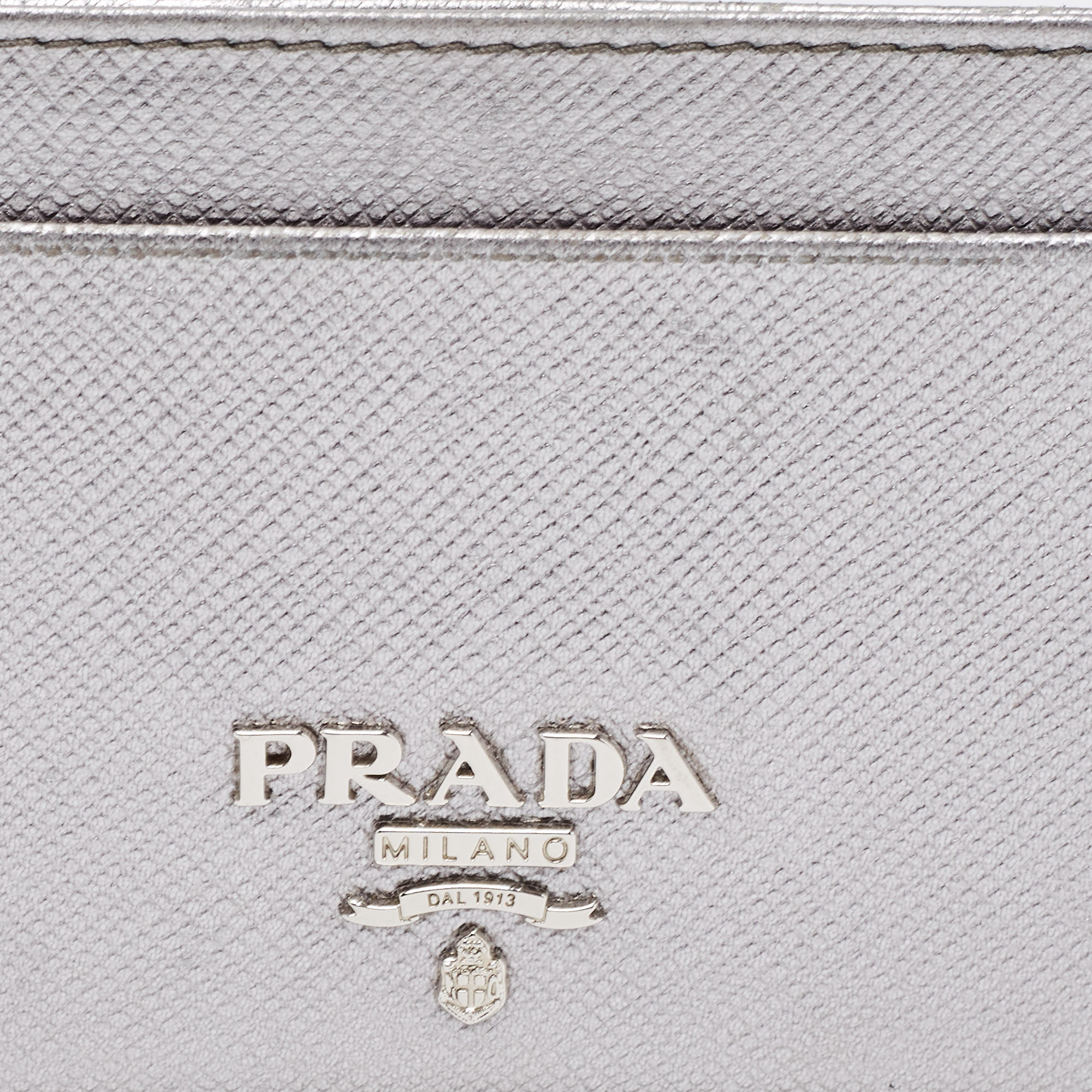 Prada Metallic Silver Saffiano Leather Card Holder