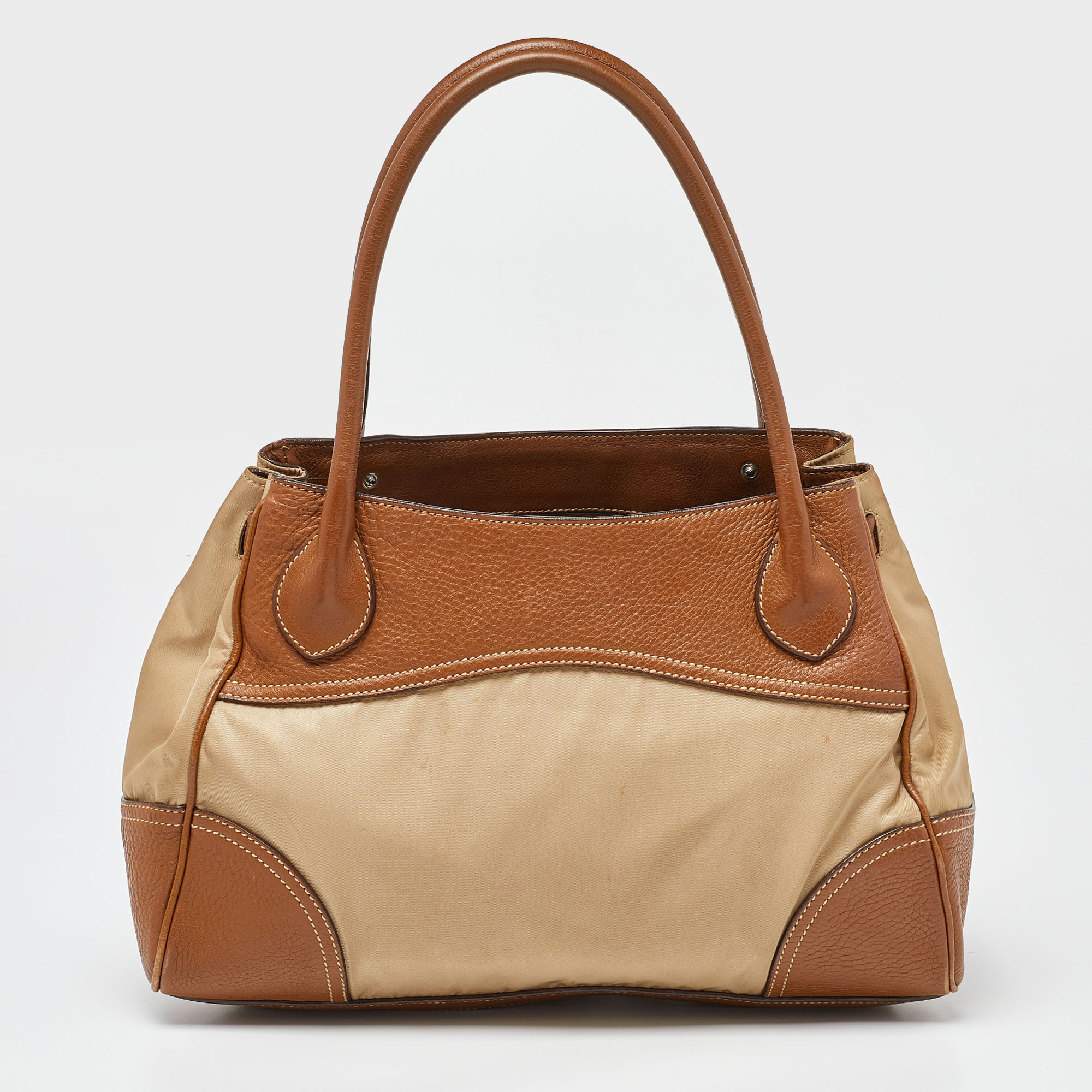 Prada Beige/Brown Leather And Nylon Logo Satchel