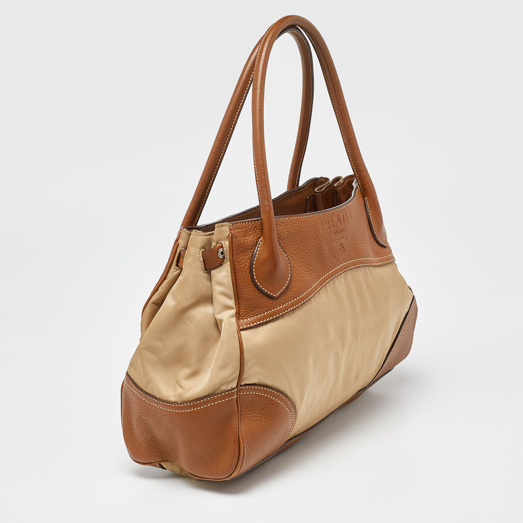 Prada Beige/Brown Leather And Nylon Logo Satchel