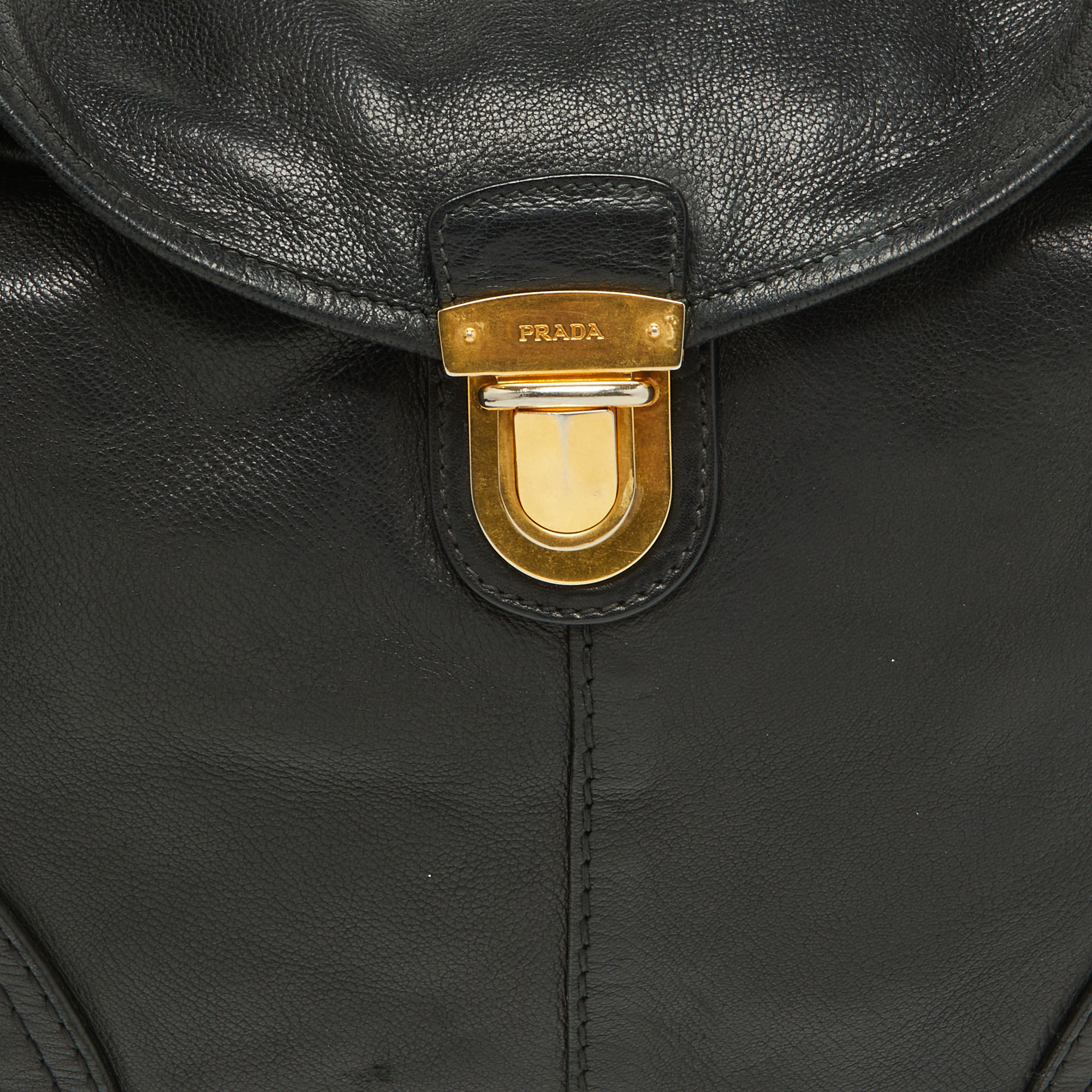 Prada Black Soft Leather Pushlock Flap Hobo