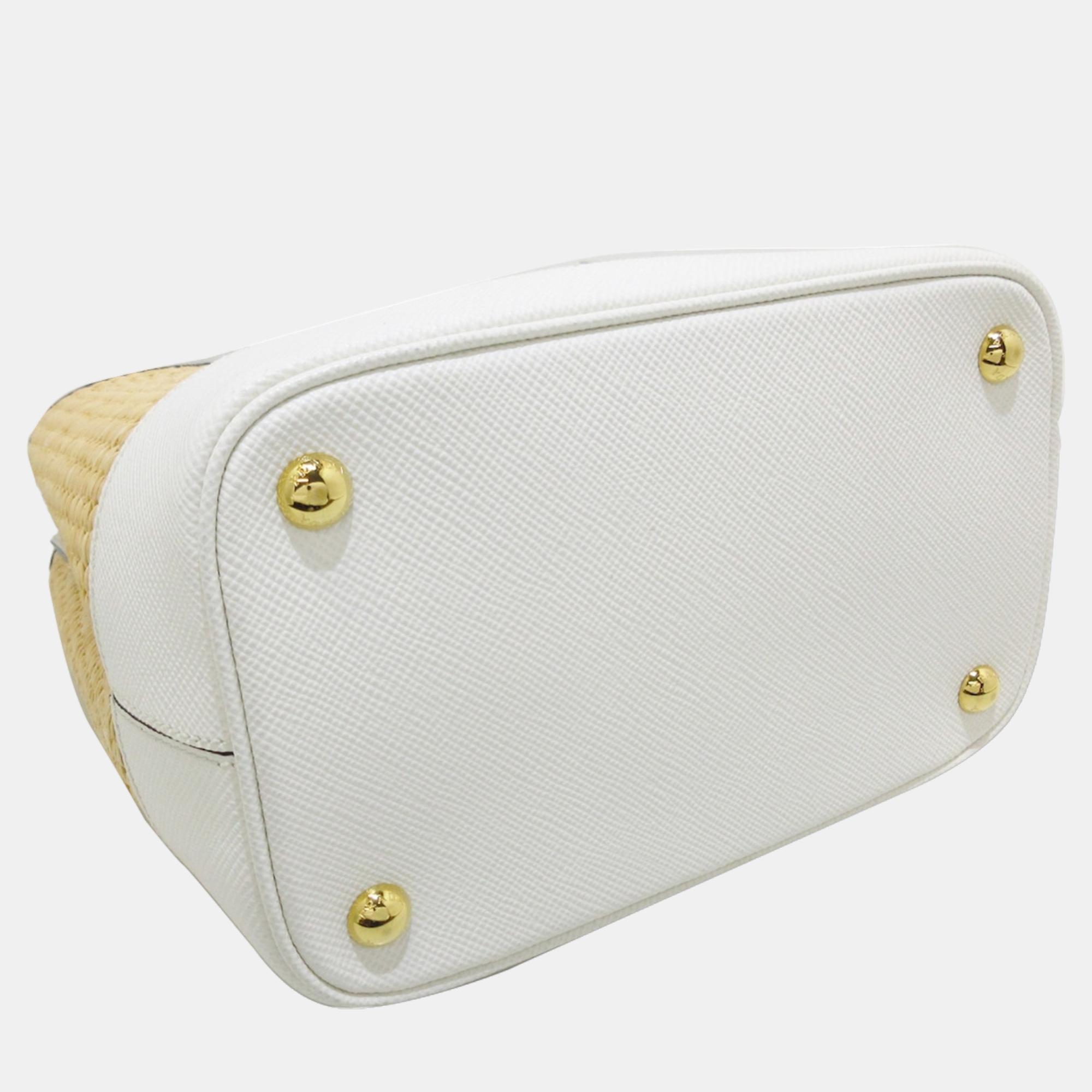 Prada Beige/ White Saffiano-Trimmed Paglia Panier Bag